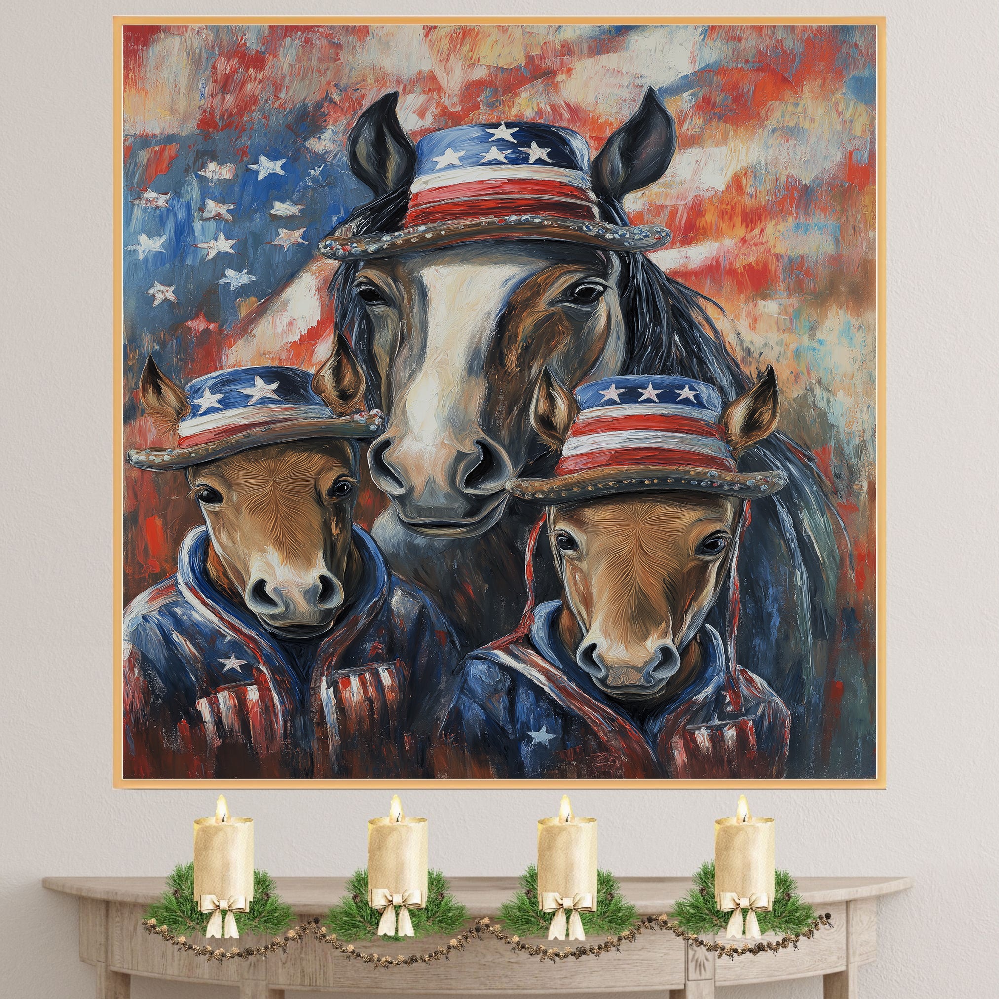 Mother Horse and Three Foals in Patriotic Outfits and Hats with American Flag Theme Against Colorful Abstract Background on Ready to Hang 1.5" Thick Canvas Wrap, Floating Framed Canvas, Flat Rolled Canvas