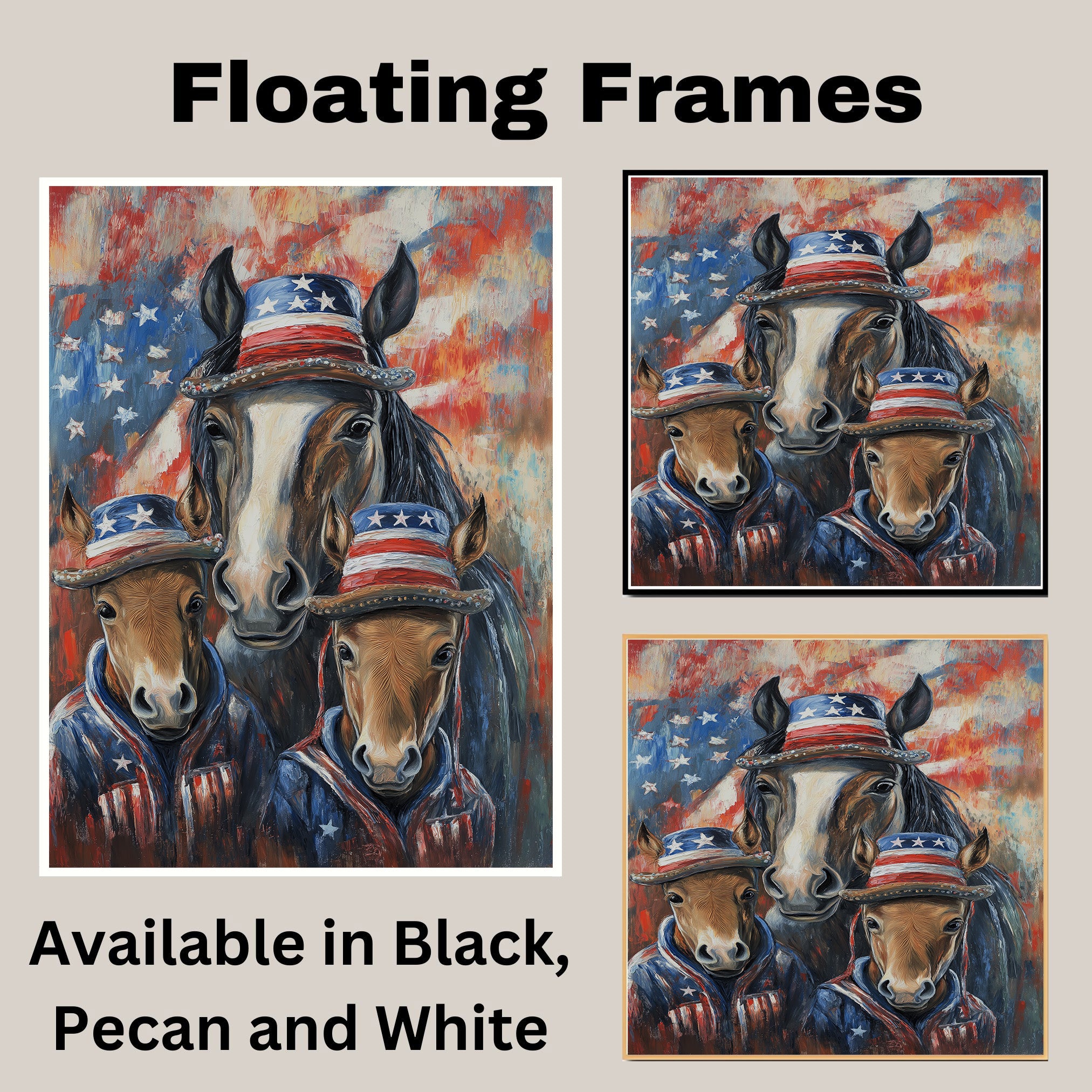 Mother Horse and Three Foals in Patriotic Outfits and Hats with American Flag Theme Against Colorful Abstract Background on Ready to Hang 1.5" Thick Canvas Wrap, Floating Framed Canvas, Flat Rolled Canvas