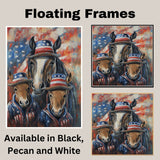 Mother Horse and Three Foals in Patriotic Outfits and Hats with American Flag Theme Against Colorful Abstract Background on Ready to Hang 1.5" Thick Canvas Wrap, Floating Framed Canvas, Flat Rolled Canvas