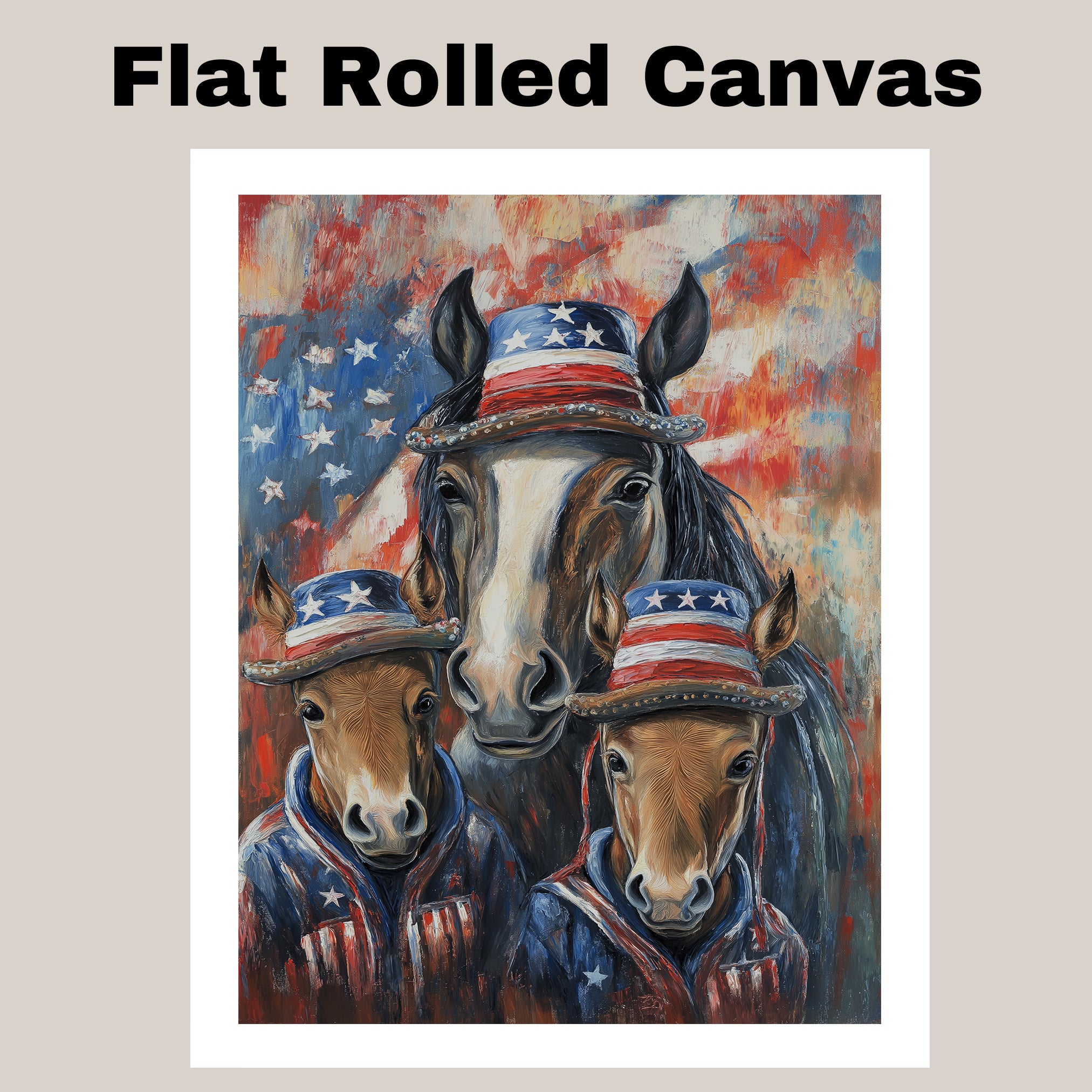 Mother Horse and Three Foals in Patriotic Outfits and Hats with American Flag Theme Against Colorful Abstract Background on Ready to Hang 1.5" Thick Canvas Wrap, Floating Framed Canvas, Flat Rolled Canvas