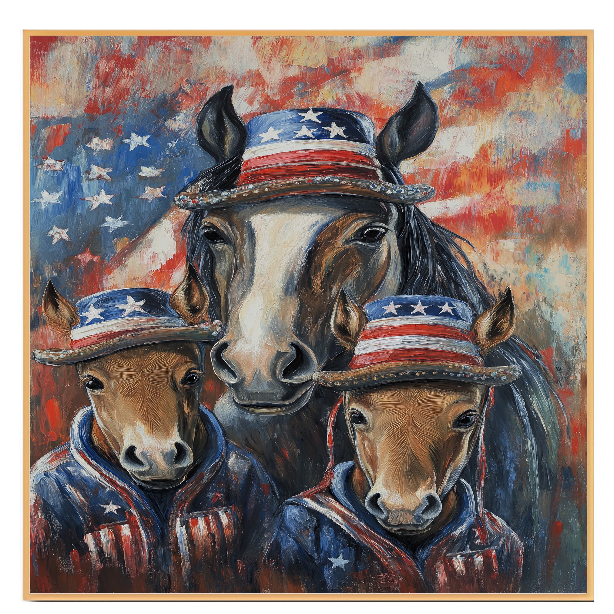 Mother Horse and Three Foals in Patriotic Outfits and Hats with American Flag Theme Against Colorful Abstract Background on Ready to Hang 1.5" Thick Canvas Wrap, Floating Framed Canvas, Flat Rolled Canvas