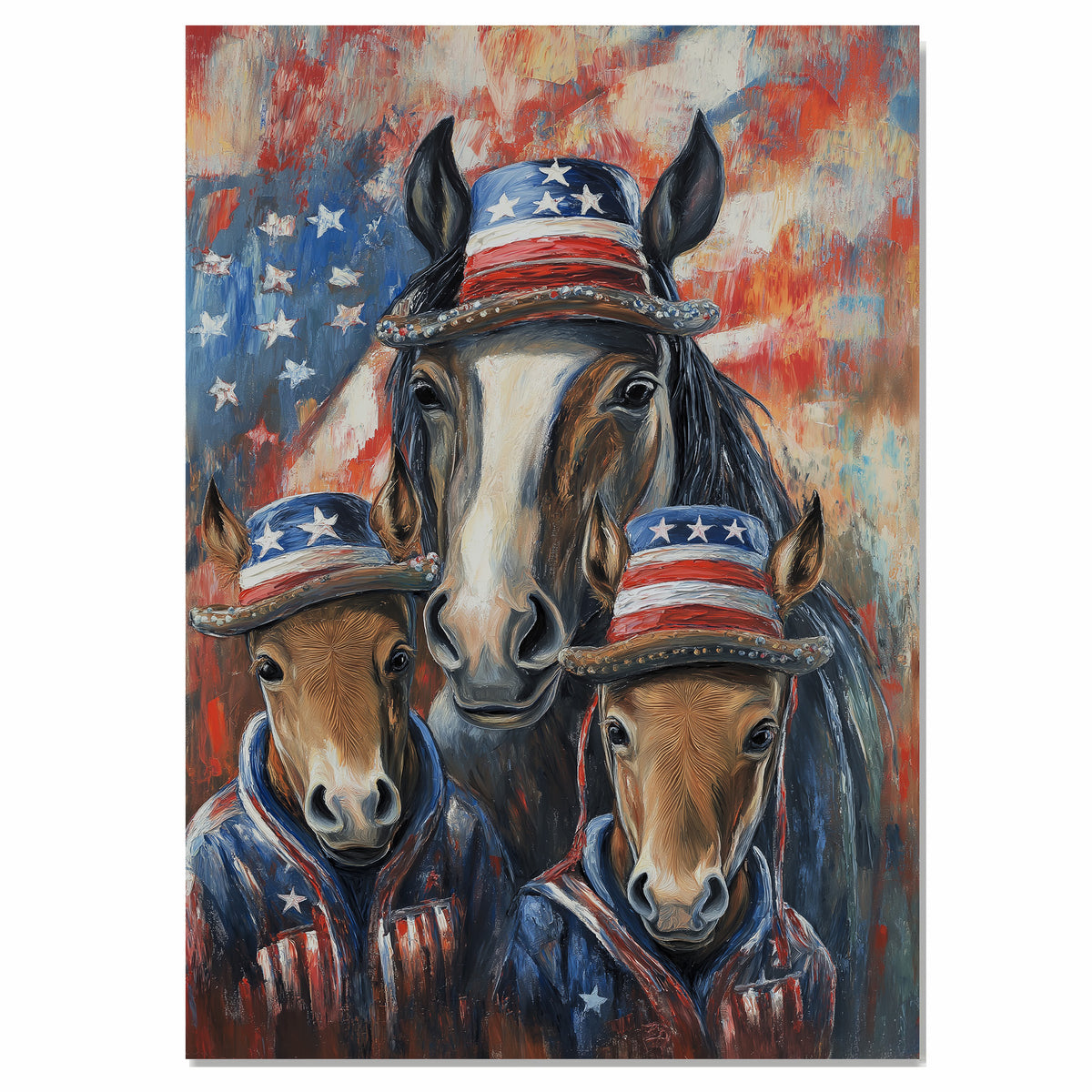 Mother Horse and Three Foals in Patriotic Outfits and Hats with American Flag Theme Against Colorful Abstract Background on Ready to Hang 1.5" Thick Canvas Wrap, Floating Framed Canvas, Flat Rolled Canvas