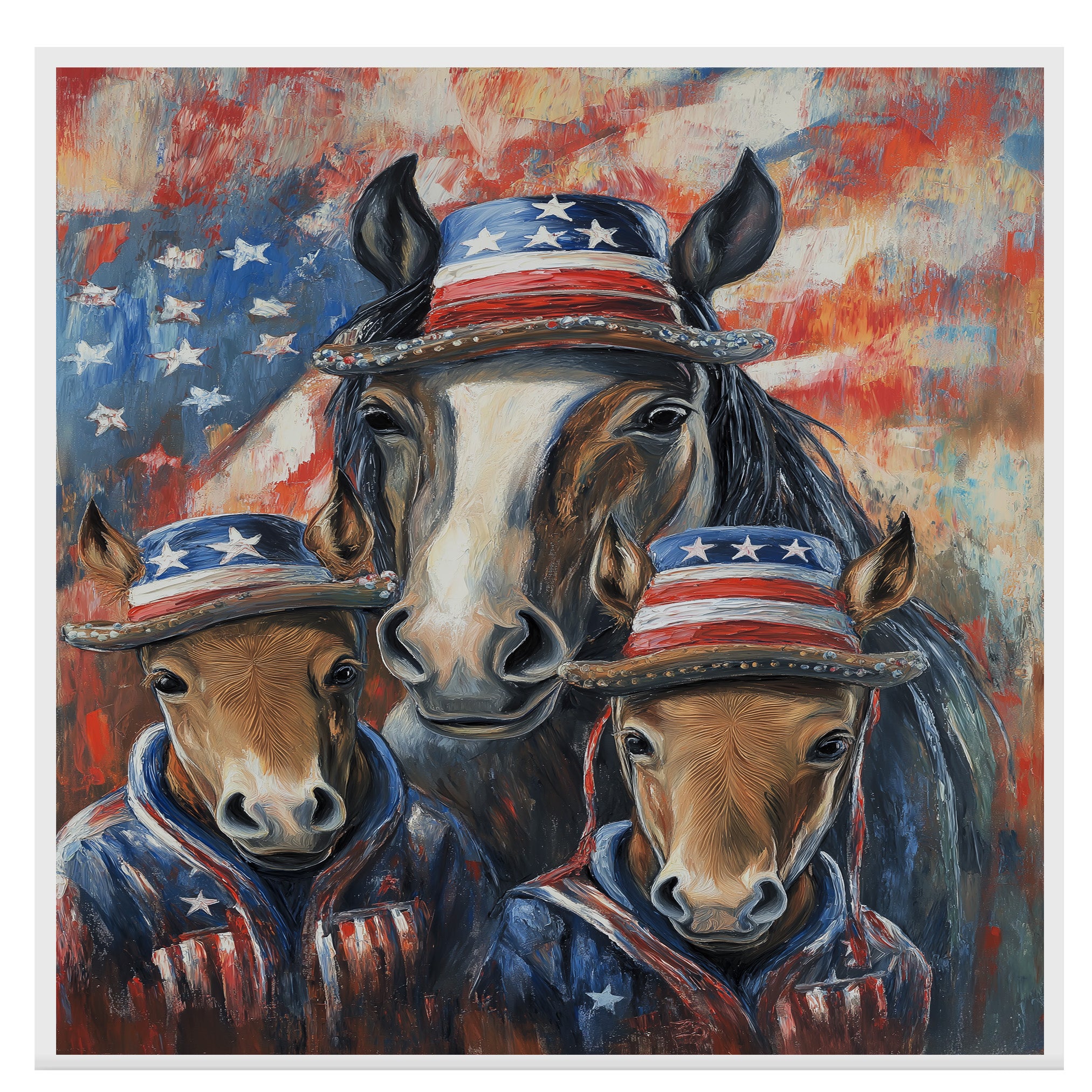 Mother Horse and Three Foals in Patriotic Outfits and Hats with American Flag Theme Against Colorful Abstract Background on Ready to Hang 1.5" Thick Canvas Wrap, Floating Framed Canvas, Flat Rolled Canvas