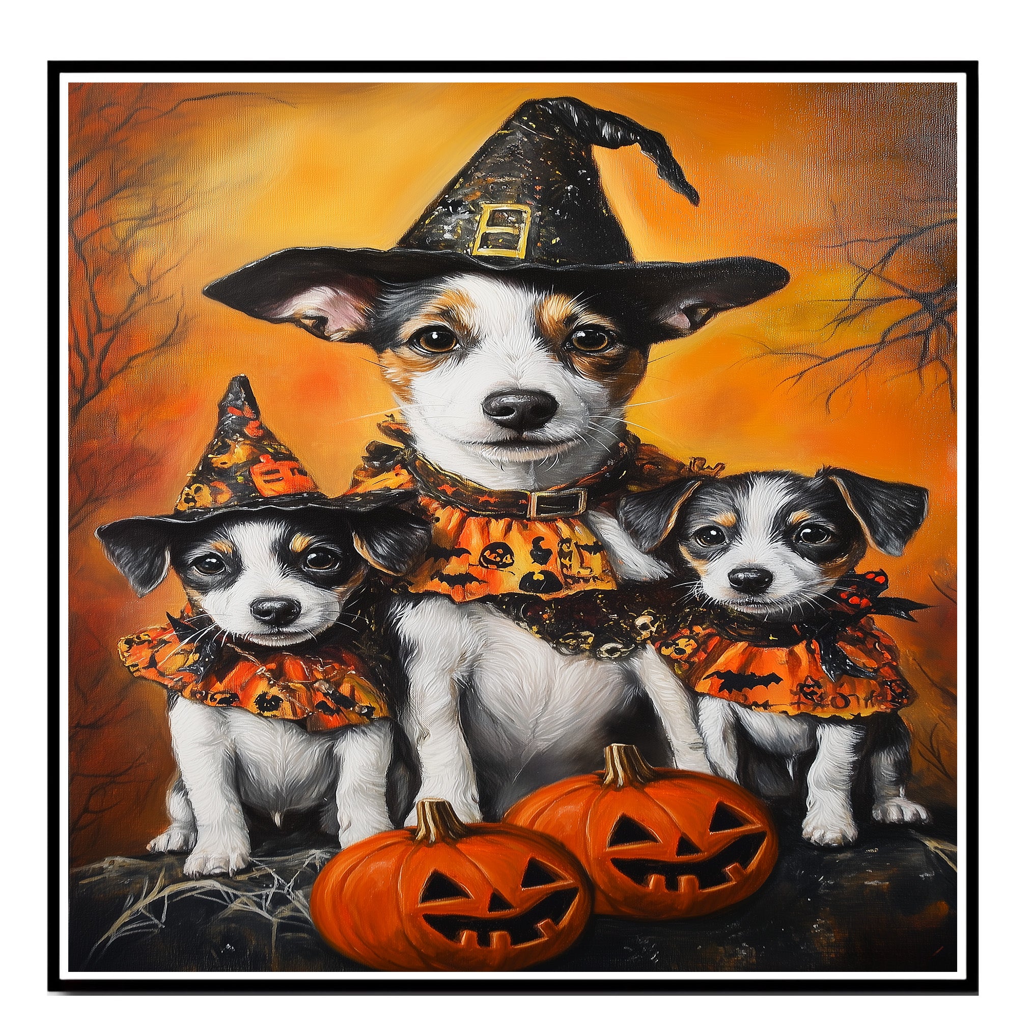 Jack Russell Dog Halloween Canvas Wall Art with Pumpkins and Witch Hats Rustic Fall Farmhouse Decor on Ready to Hang 1.5" Thick Canvas Wrap, Floating Framed Canvas, Flat Rolled Canvas