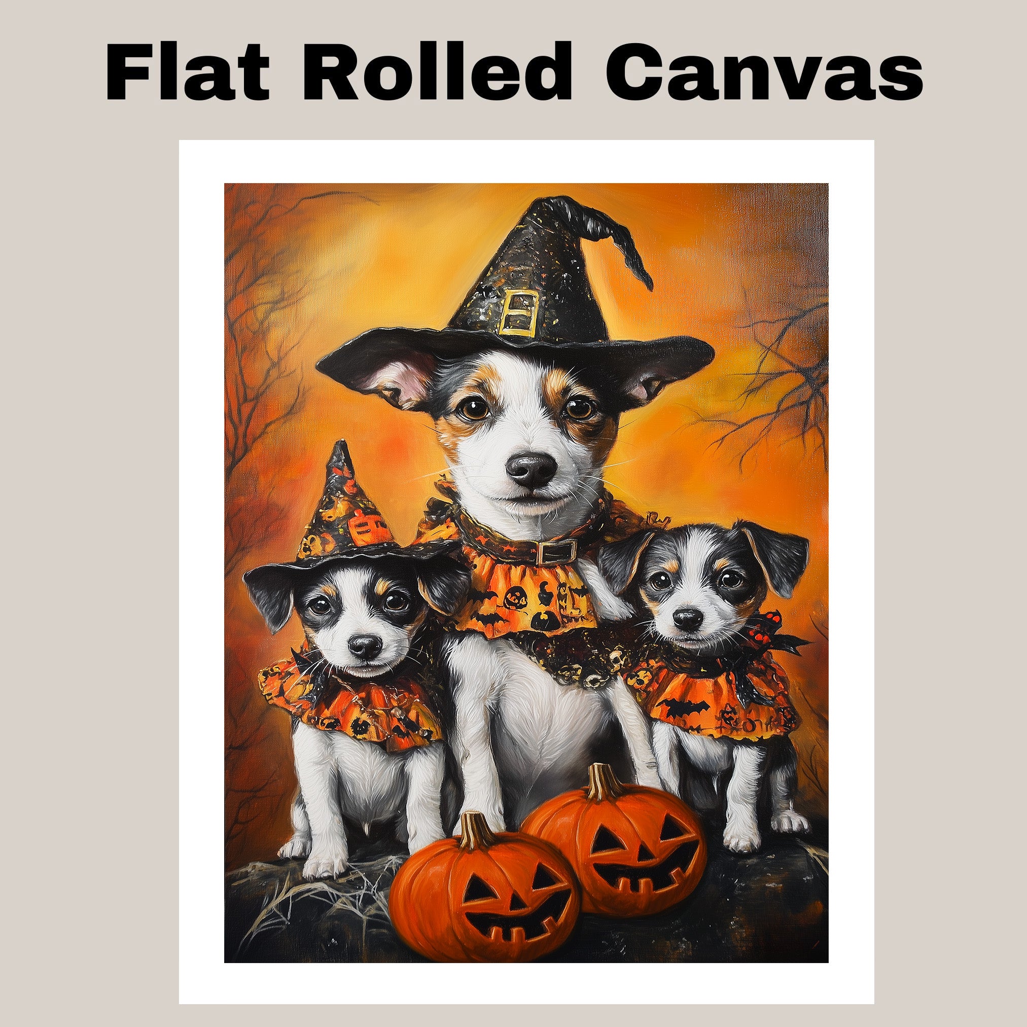 Jack Russell Dog Halloween Canvas Wall Art with Pumpkins and Witch Hats Rustic Fall Farmhouse Decor on Ready to Hang 1.5" Thick Canvas Wrap, Floating Framed Canvas, Flat Rolled Canvas