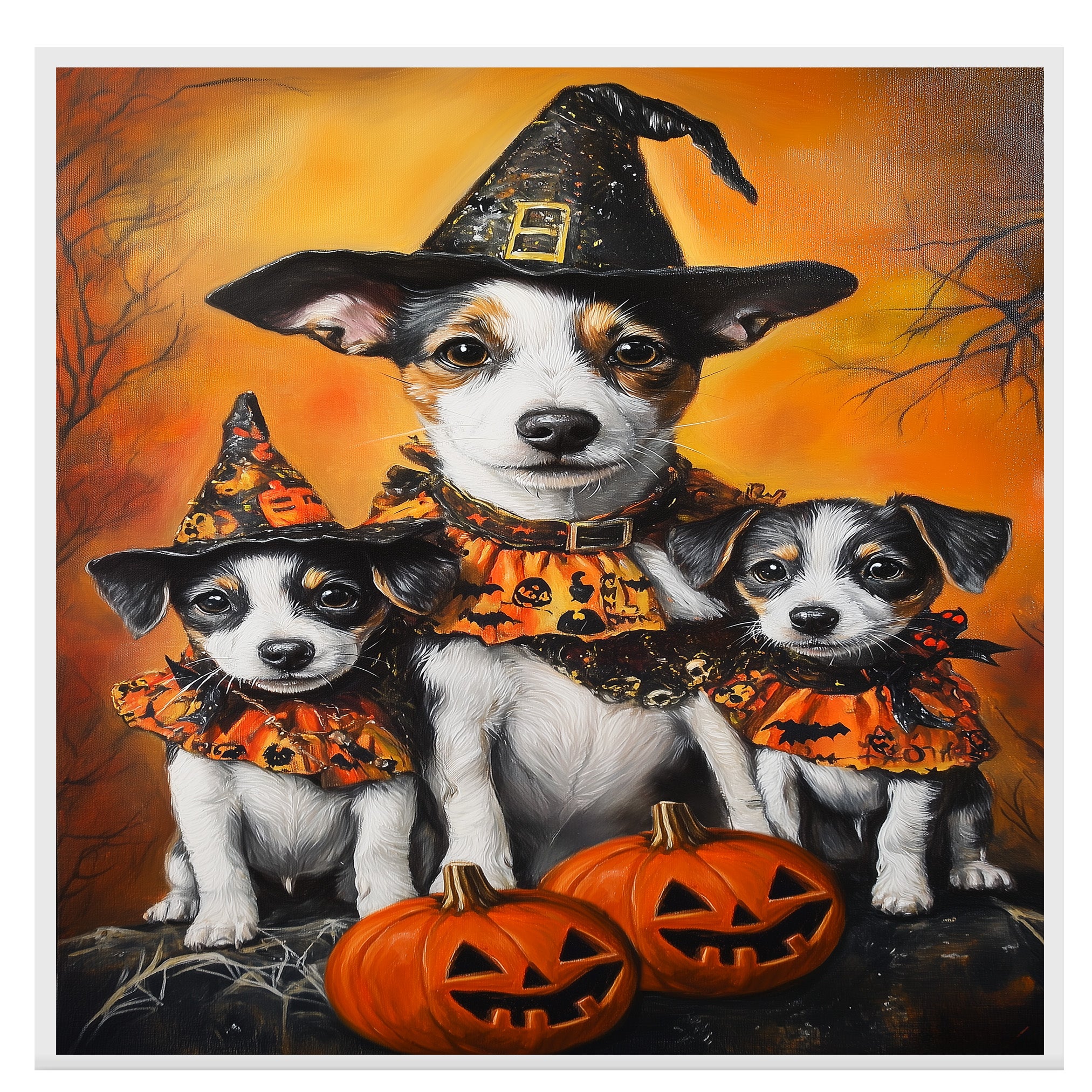 Jack Russell Dog Halloween Canvas Wall Art with Pumpkins and Witch Hats Rustic Fall Farmhouse Decor on Ready to Hang 1.5" Thick Canvas Wrap, Floating Framed Canvas, Flat Rolled Canvas