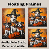 Jack Russell Dog Halloween Canvas Wall Art with Pumpkins and Witch Hats Rustic Fall Farmhouse Decor on Ready to Hang 1.5" Thick Canvas Wrap, Floating Framed Canvas, Flat Rolled Canvas