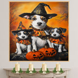 Jack Russell Dog Halloween Canvas Wall Art with Pumpkins and Witch Hats Rustic Fall Farmhouse Decor on Ready to Hang 1.5" Thick Canvas Wrap, Floating Framed Canvas, Flat Rolled Canvas