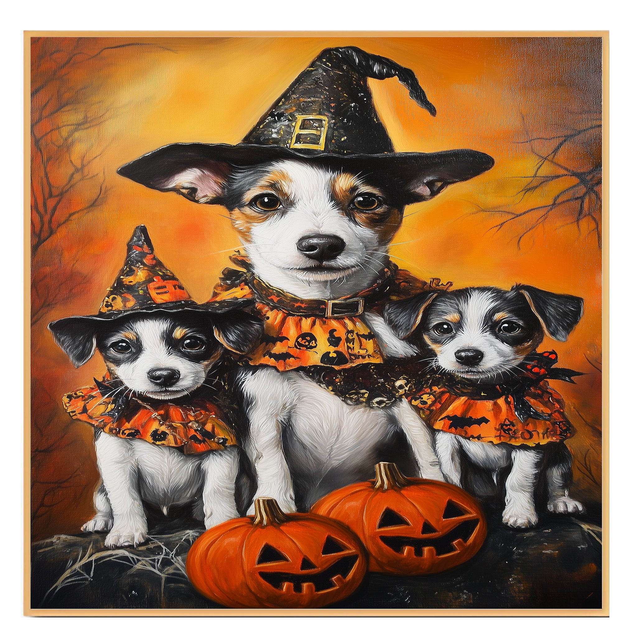 Jack Russell Dog Halloween Canvas Wall Art with Pumpkins and Witch Hats Rustic Fall Farmhouse Decor on Ready to Hang 1.5" Thick Canvas Wrap, Floating Framed Canvas, Flat Rolled Canvas