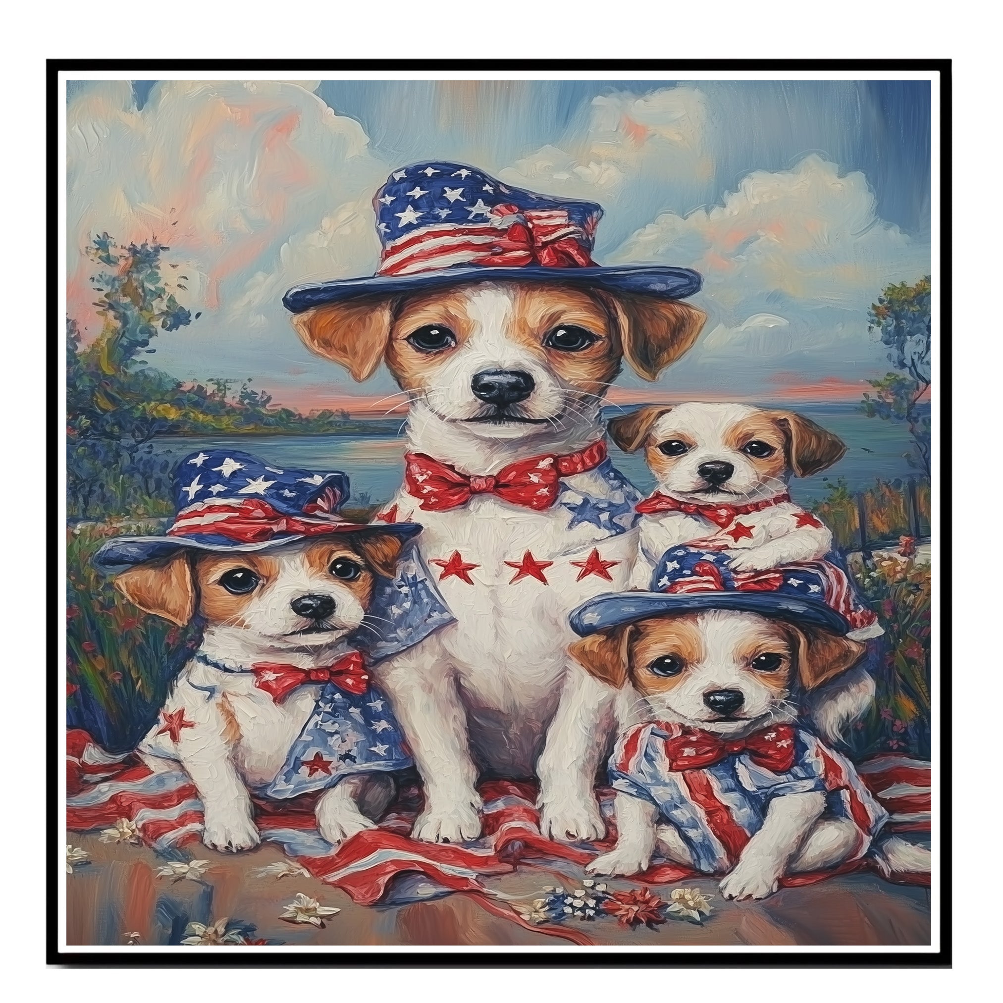 Mother Jack Russell and Three Puppies Wearing Patriotic Outfits and Hats in a Colorful Outdoor American Flag Themed Setting on Ready to Hang 1.5" Thick Canvas Wrap, Floating Framed Canvas, Flat Rolled Canvas