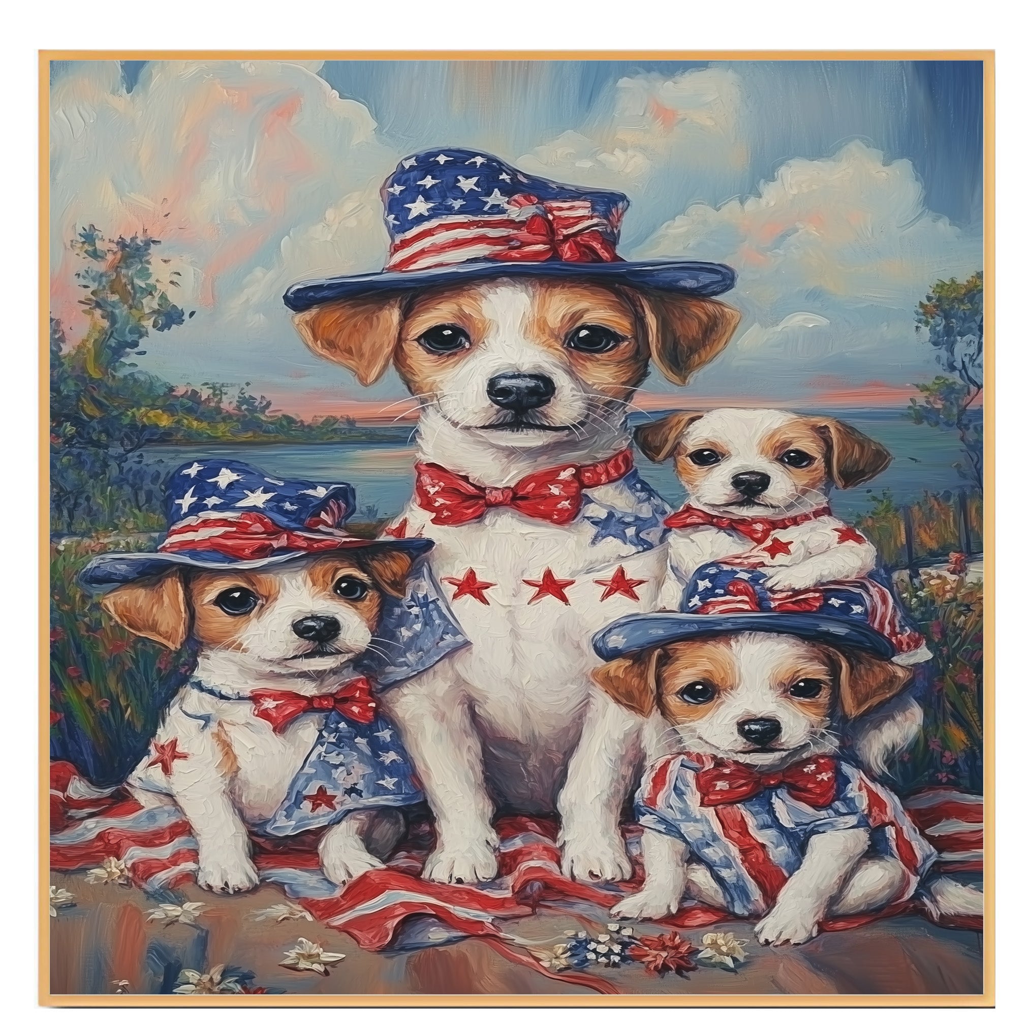 Mother Jack Russell and Three Puppies Wearing Patriotic Outfits and Hats in a Colorful Outdoor American Flag Themed Setting on Ready to Hang 1.5" Thick Canvas Wrap, Floating Framed Canvas, Flat Rolled Canvas