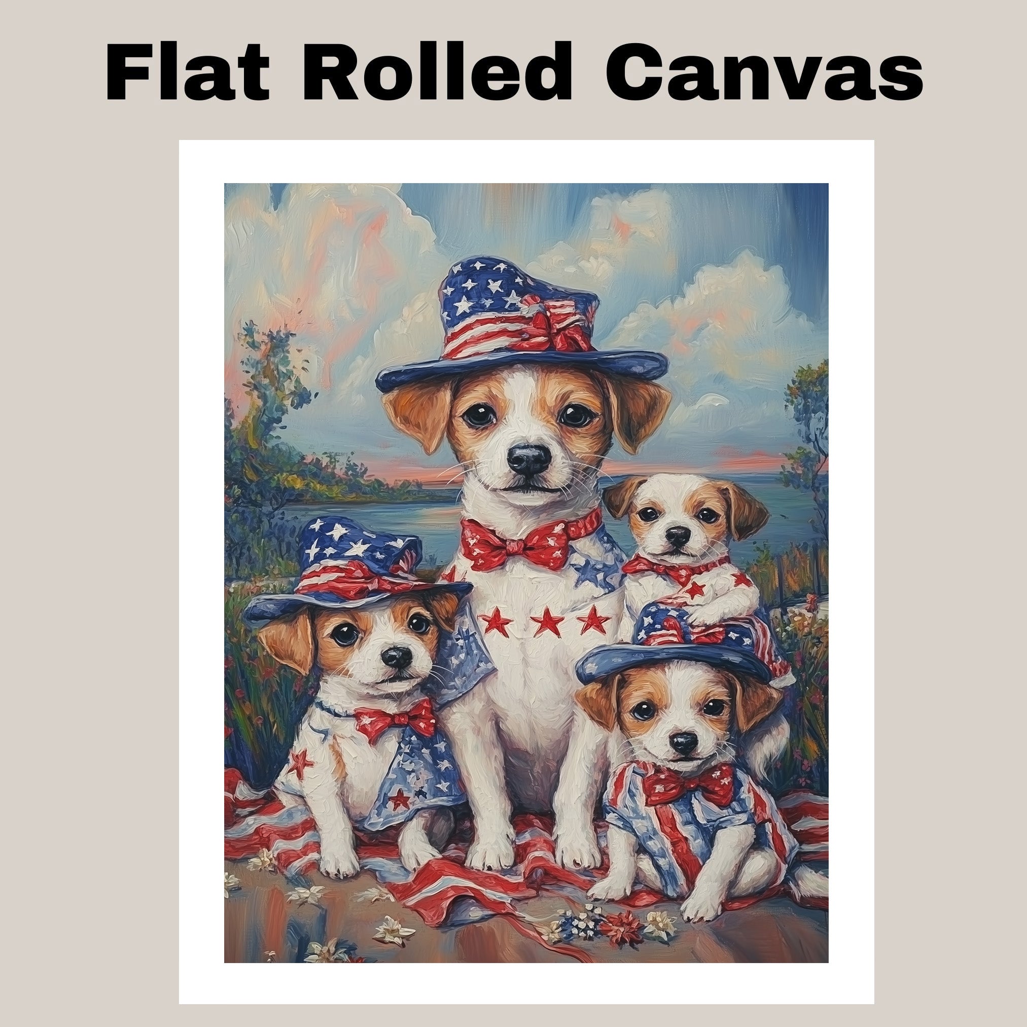 Mother Jack Russell and Three Puppies Wearing Patriotic Outfits and Hats in a Colorful Outdoor American Flag Themed Setting on Ready to Hang 1.5" Thick Canvas Wrap, Floating Framed Canvas, Flat Rolled Canvas