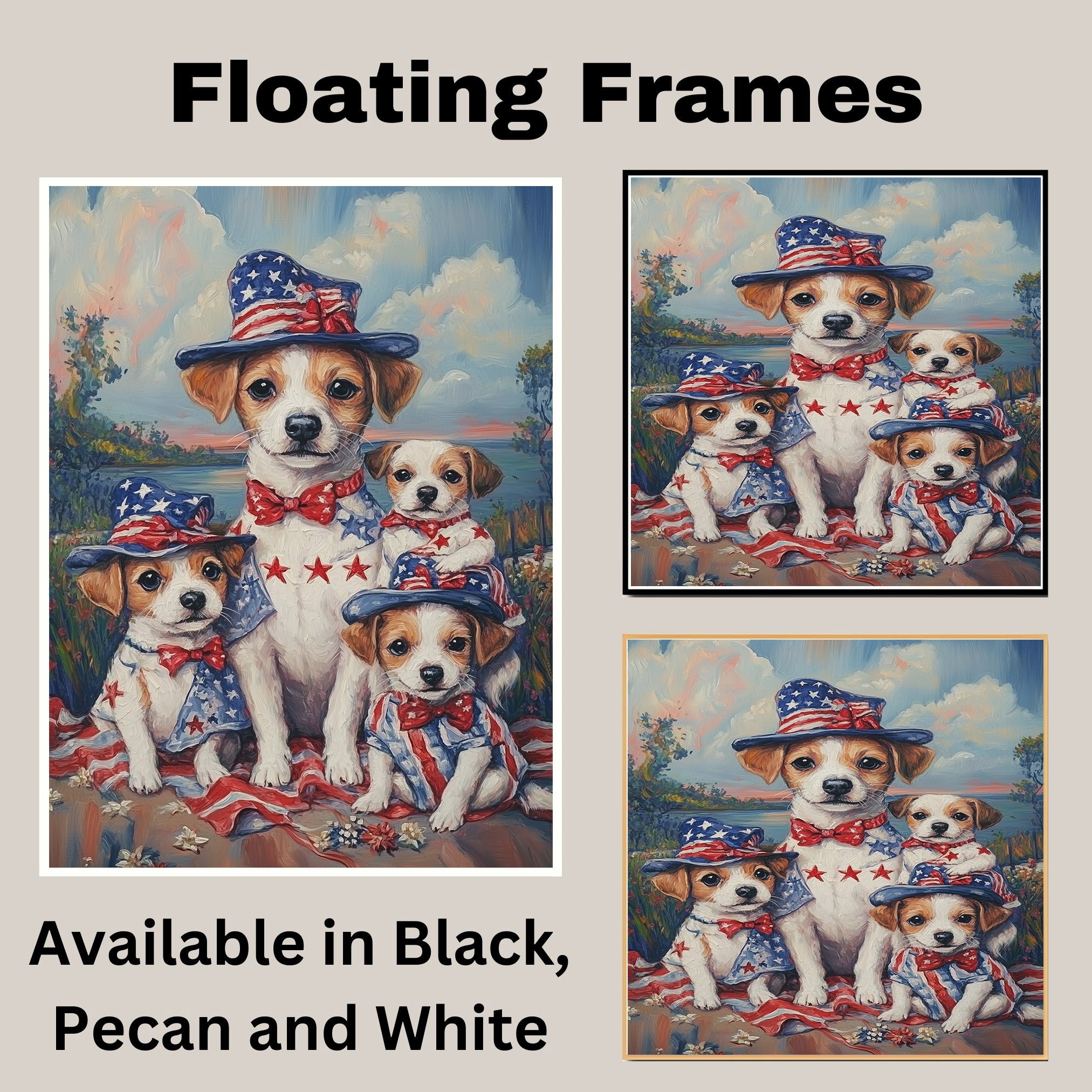 Mother Jack Russell and Three Puppies Wearing Patriotic Outfits and Hats in a Colorful Outdoor American Flag Themed Setting on Ready to Hang 1.5" Thick Canvas Wrap, Floating Framed Canvas, Flat Rolled Canvas