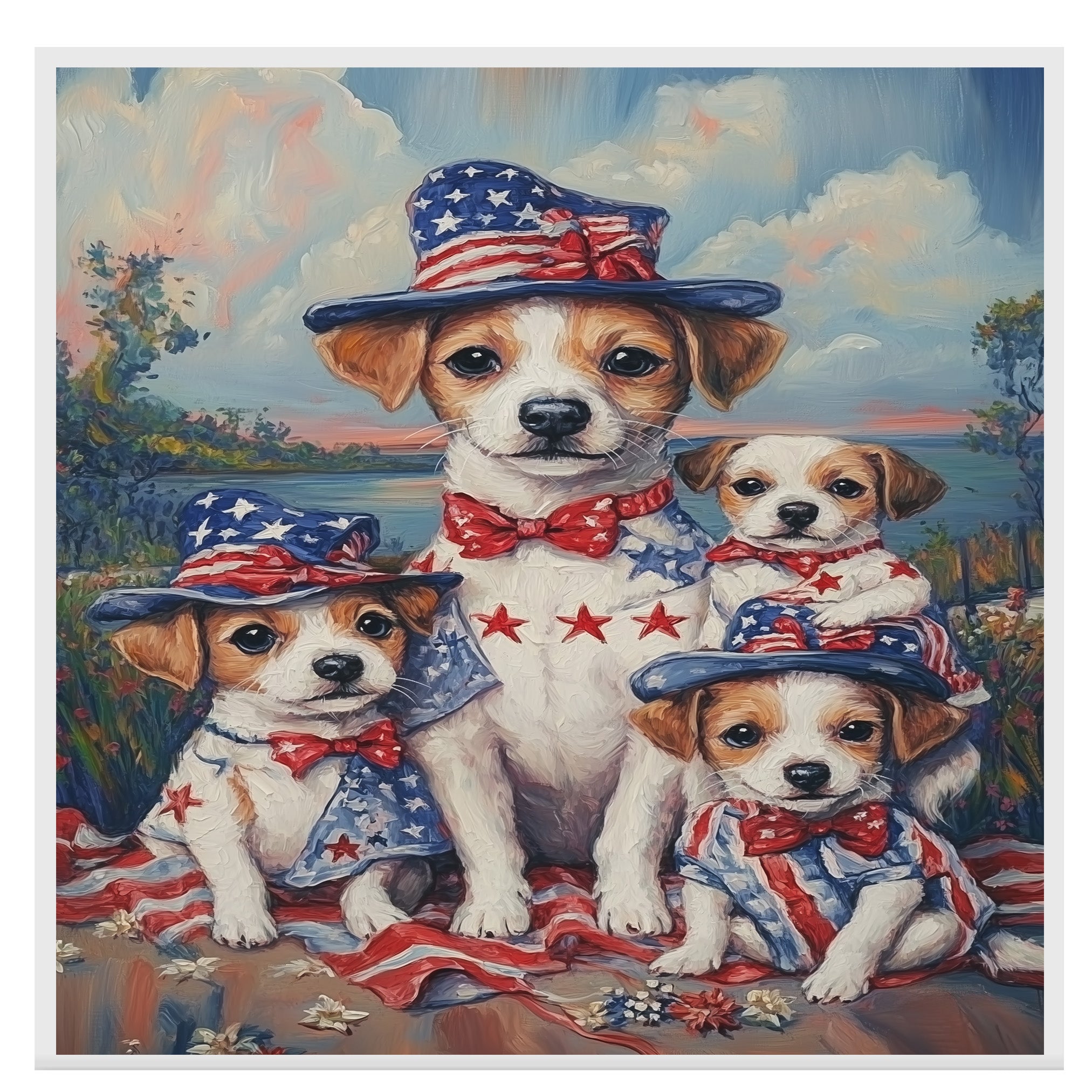 Mother Jack Russell and Three Puppies Wearing Patriotic Outfits and Hats in a Colorful Outdoor American Flag Themed Setting on Ready to Hang 1.5" Thick Canvas Wrap, Floating Framed Canvas, Flat Rolled Canvas