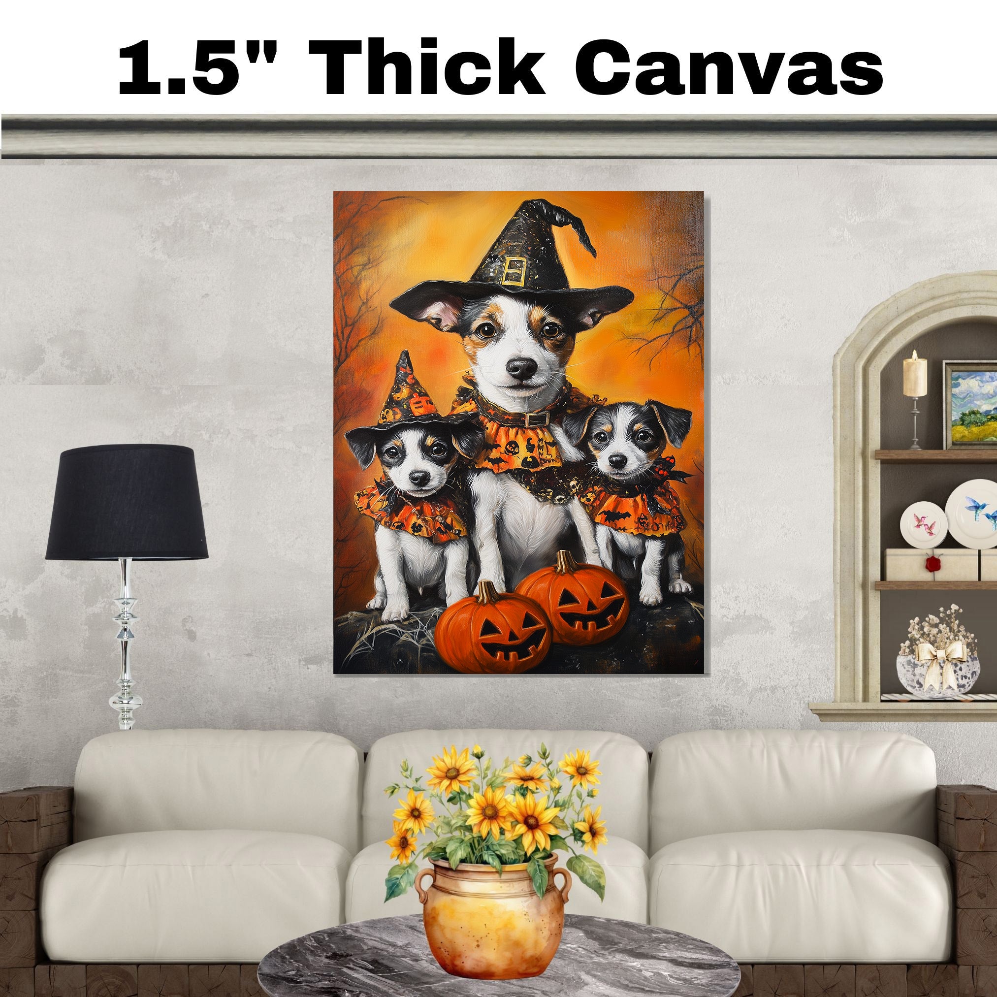 Jack Russell Dog Halloween Canvas Wall Art with Pumpkins and Witch Hats Rustic Fall Farmhouse Decor on Ready to Hang 1.5" Thick Canvas Wrap, Floating Framed Canvas, Flat Rolled Canvas