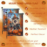 Keeshond Witch Hat Pumpkin Bat Halloween Garden Flag for Spooky Outdoor Decorations Autumn Farmhouse Garden Patio Seasonal Jack-O-Lantern Yard Decor