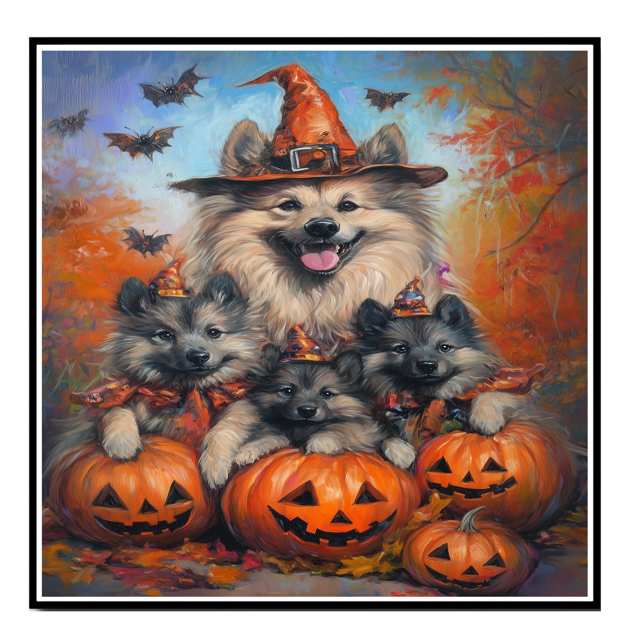 Keeshond Puppies Halloween Canvas Wall Art with Pumpkins and Witch Hats Rustic Fall Farmhouse Decor for Cozy Autumn Homes on Ready to Hang 1.5" Thick Canvas Wrap, Floating Framed Canvas, Flat Rolled Canvas