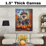 Keeshond Puppies Halloween Canvas Wall Art with Pumpkins and Witch Hats Rustic Fall Farmhouse Decor for Cozy Autumn Homes on Ready to Hang 1.5" Thick Canvas Wrap, Floating Framed Canvas, Flat Rolled Canvas