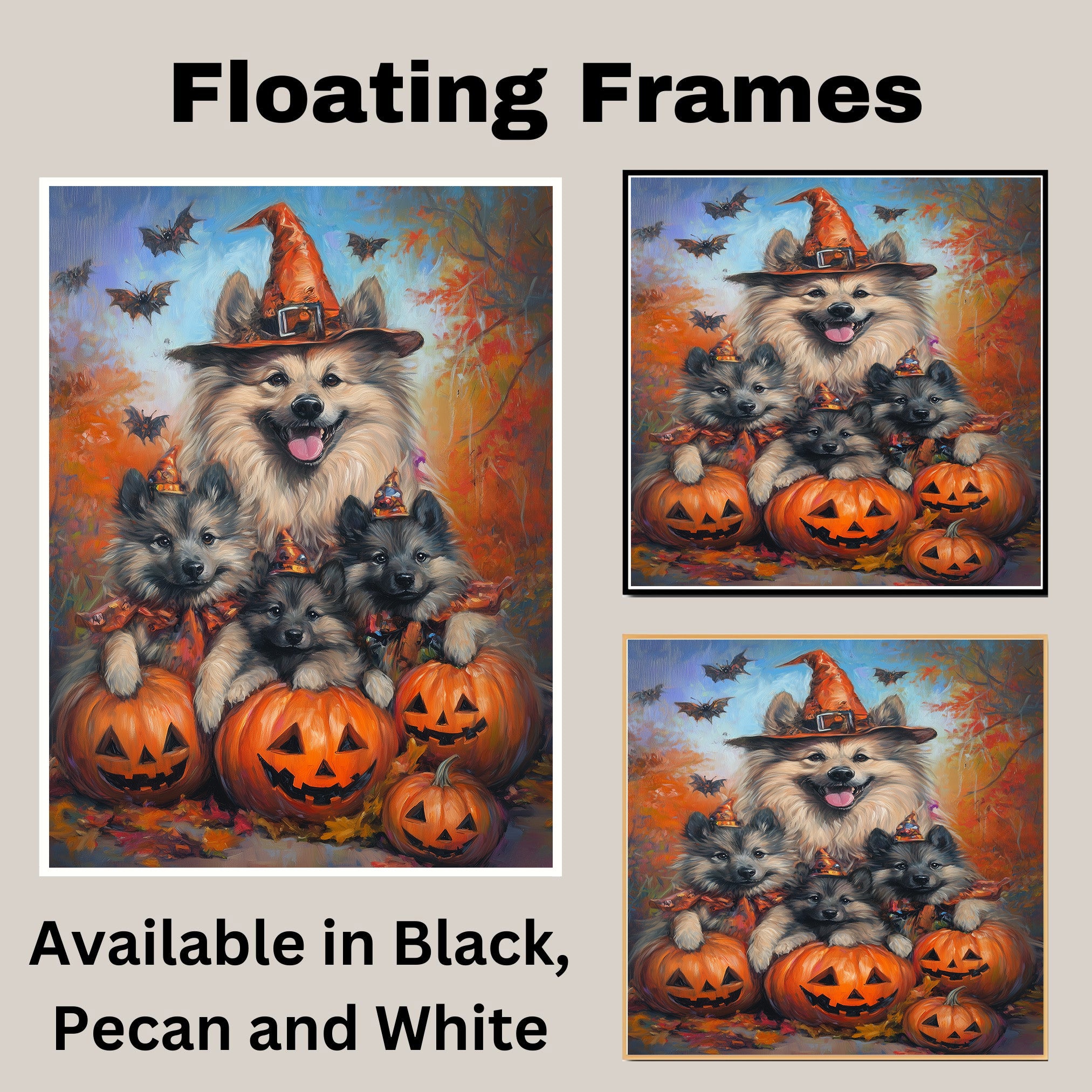 Keeshond Puppies Halloween Canvas Wall Art with Pumpkins and Witch Hats Rustic Fall Farmhouse Decor for Cozy Autumn Homes on Ready to Hang 1.5" Thick Canvas Wrap, Floating Framed Canvas, Flat Rolled Canvas
