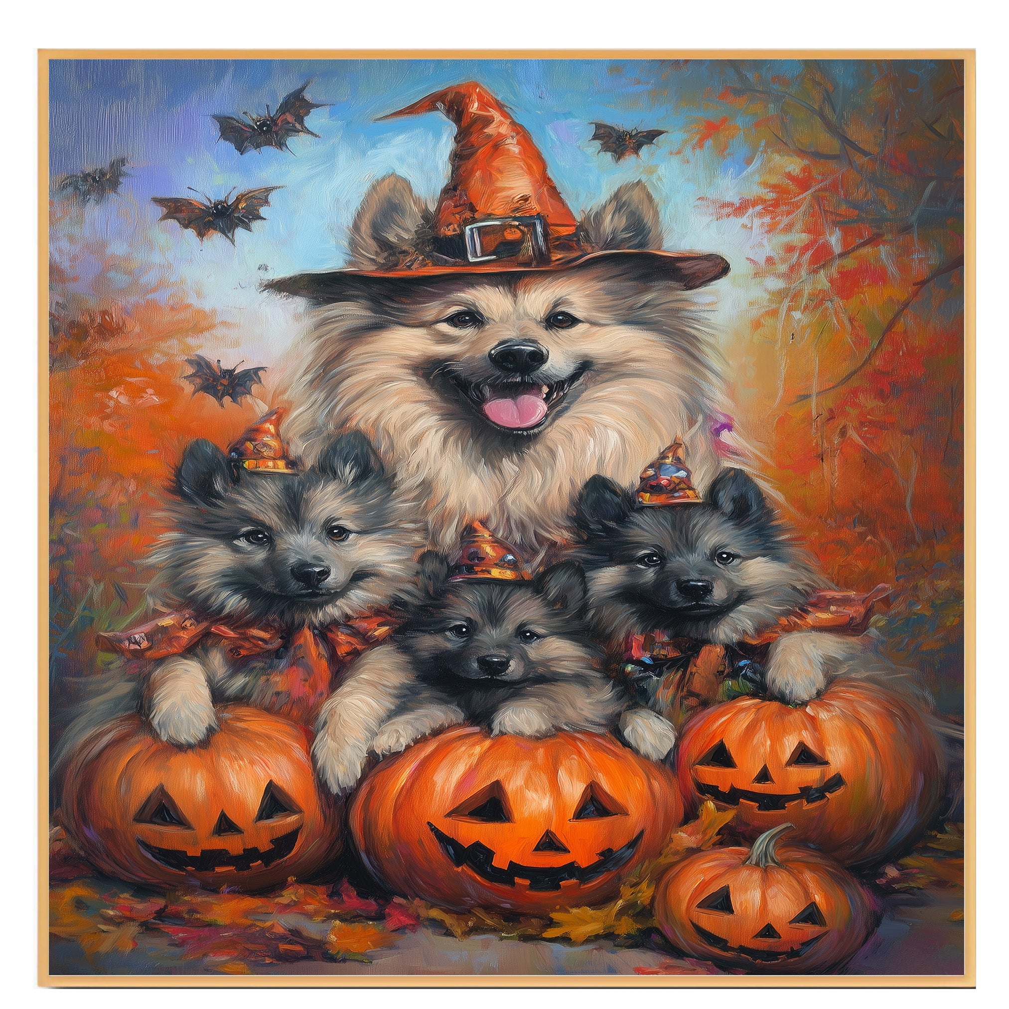 Keeshond Puppies Halloween Canvas Wall Art with Pumpkins and Witch Hats Rustic Fall Farmhouse Decor for Cozy Autumn Homes on Ready to Hang 1.5" Thick Canvas Wrap, Floating Framed Canvas, Flat Rolled Canvas