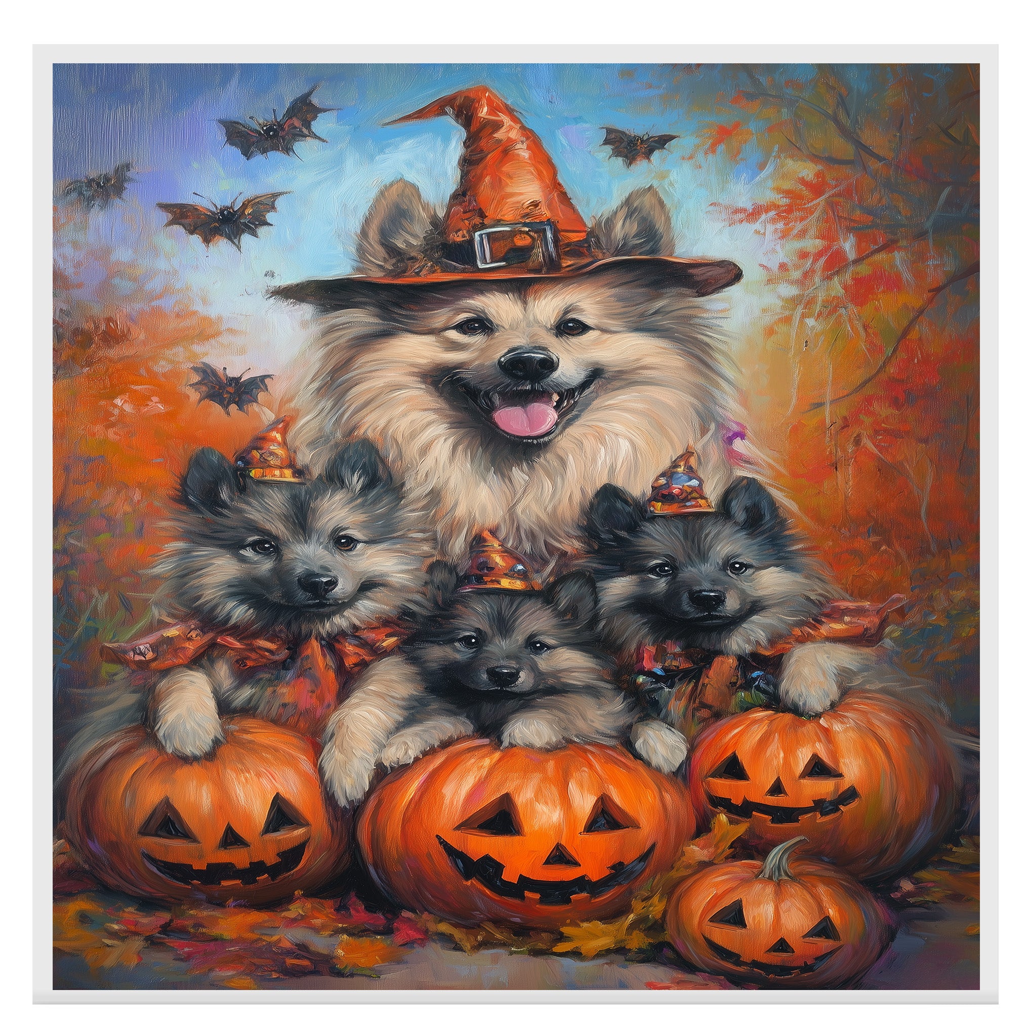 Keeshond Puppies Halloween Canvas Wall Art with Pumpkins and Witch Hats Rustic Fall Farmhouse Decor for Cozy Autumn Homes on Ready to Hang 1.5" Thick Canvas Wrap, Floating Framed Canvas, Flat Rolled Canvas