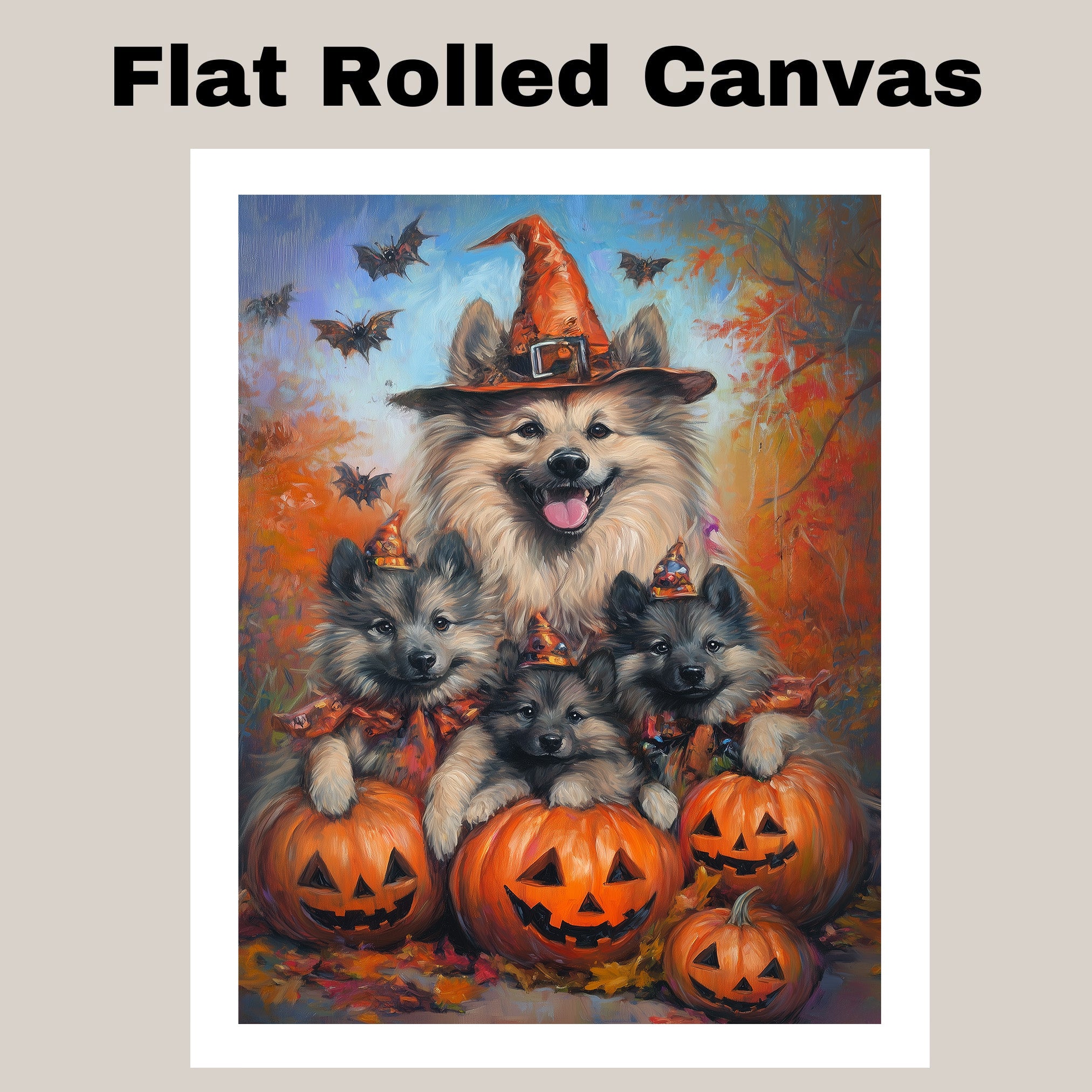 Keeshond Puppies Halloween Canvas Wall Art with Pumpkins and Witch Hats Rustic Fall Farmhouse Decor for Cozy Autumn Homes on Ready to Hang 1.5" Thick Canvas Wrap, Floating Framed Canvas, Flat Rolled Canvas