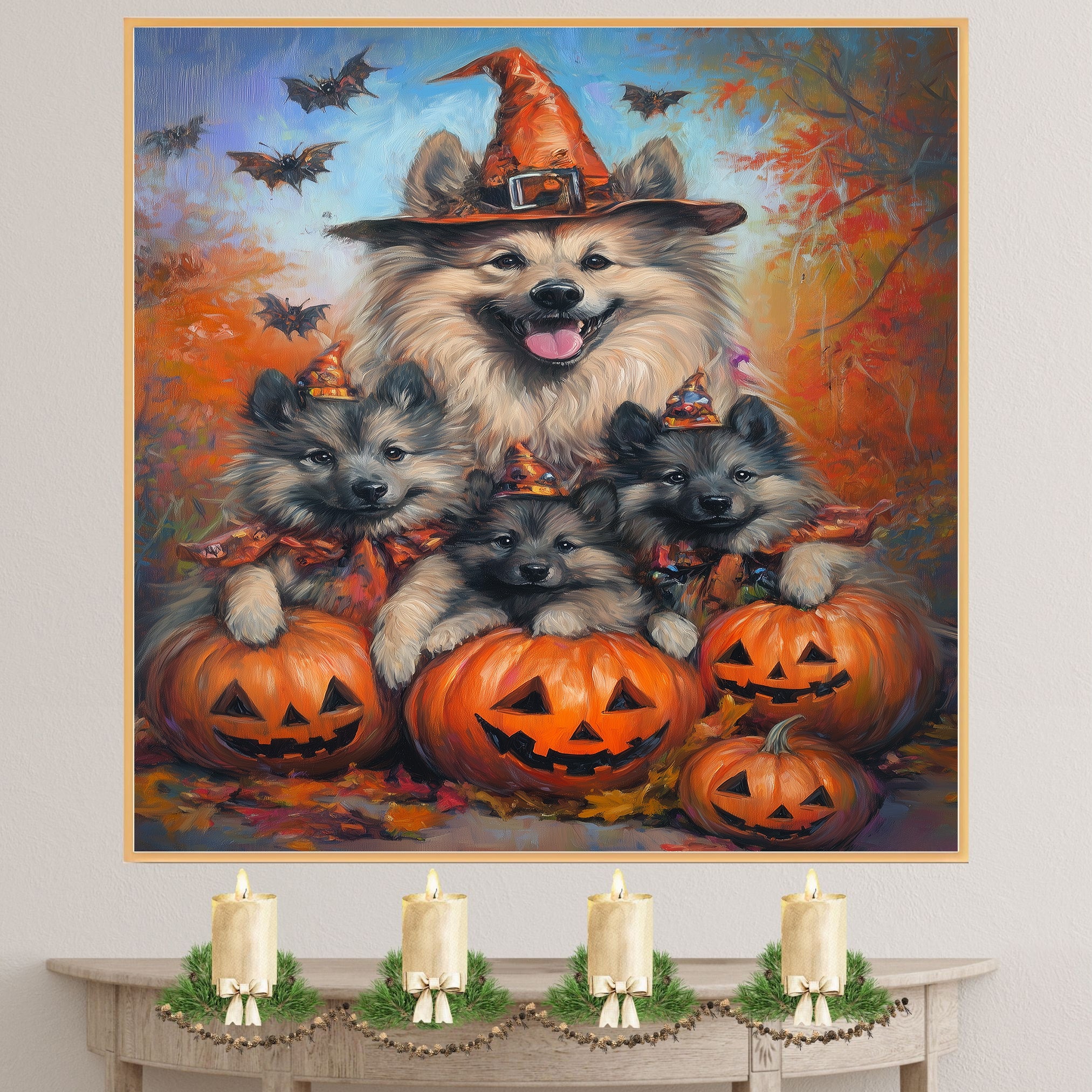 Keeshond Puppies Halloween Canvas Wall Art with Pumpkins and Witch Hats Rustic Fall Farmhouse Decor for Cozy Autumn Homes on Ready to Hang 1.5" Thick Canvas Wrap, Floating Framed Canvas, Flat Rolled Canvas