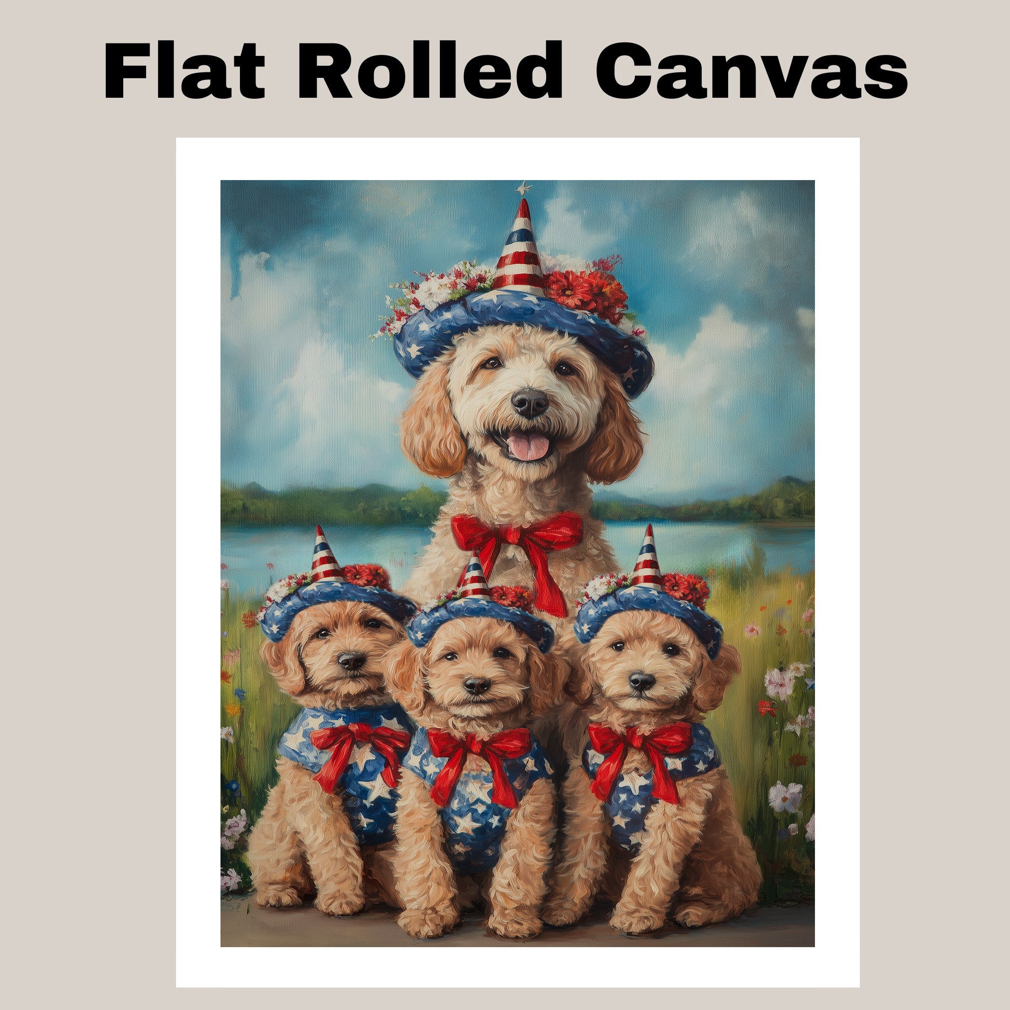 Mother Labradoodle and Three Puppies Dressed in Patriotic Outfits with Star Hats and Red Bows by a Lake and Wildflowers on Ready to Hang 1.5" Thick Canvas Wrap, Floating Framed Canvas, Flat Rolled Canvas