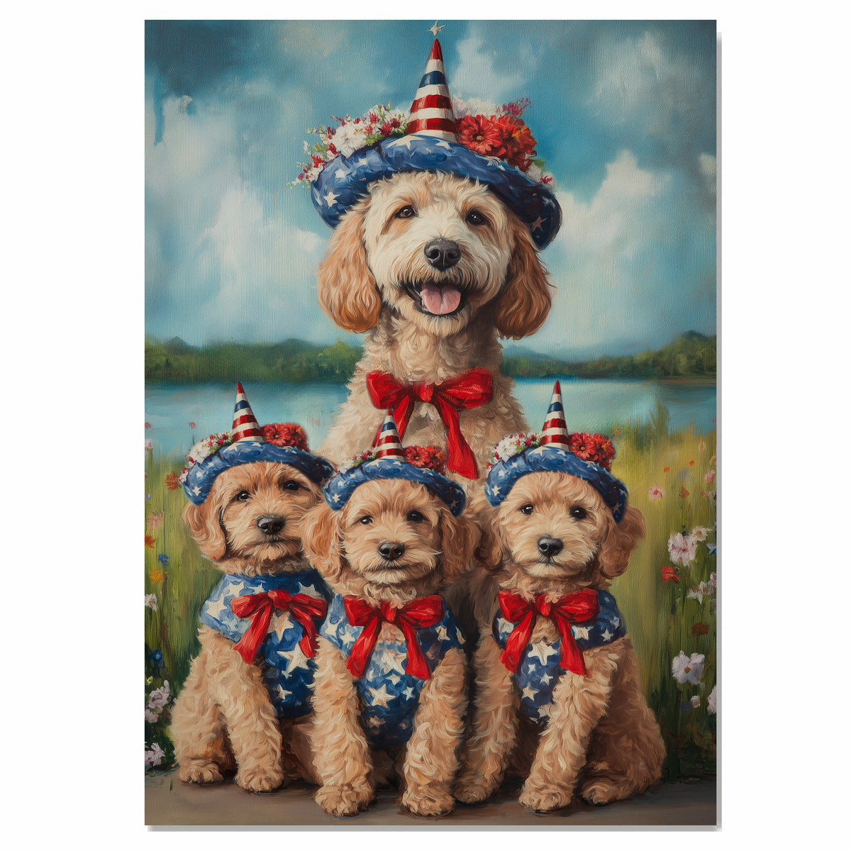 Mother Labradoodle and Three Puppies Dressed in Patriotic Outfits with Star Hats and Red Bows by a Lake and Wildflowers on Ready to Hang 1.5" Thick Canvas Wrap, Floating Framed Canvas, Flat Rolled Canvas