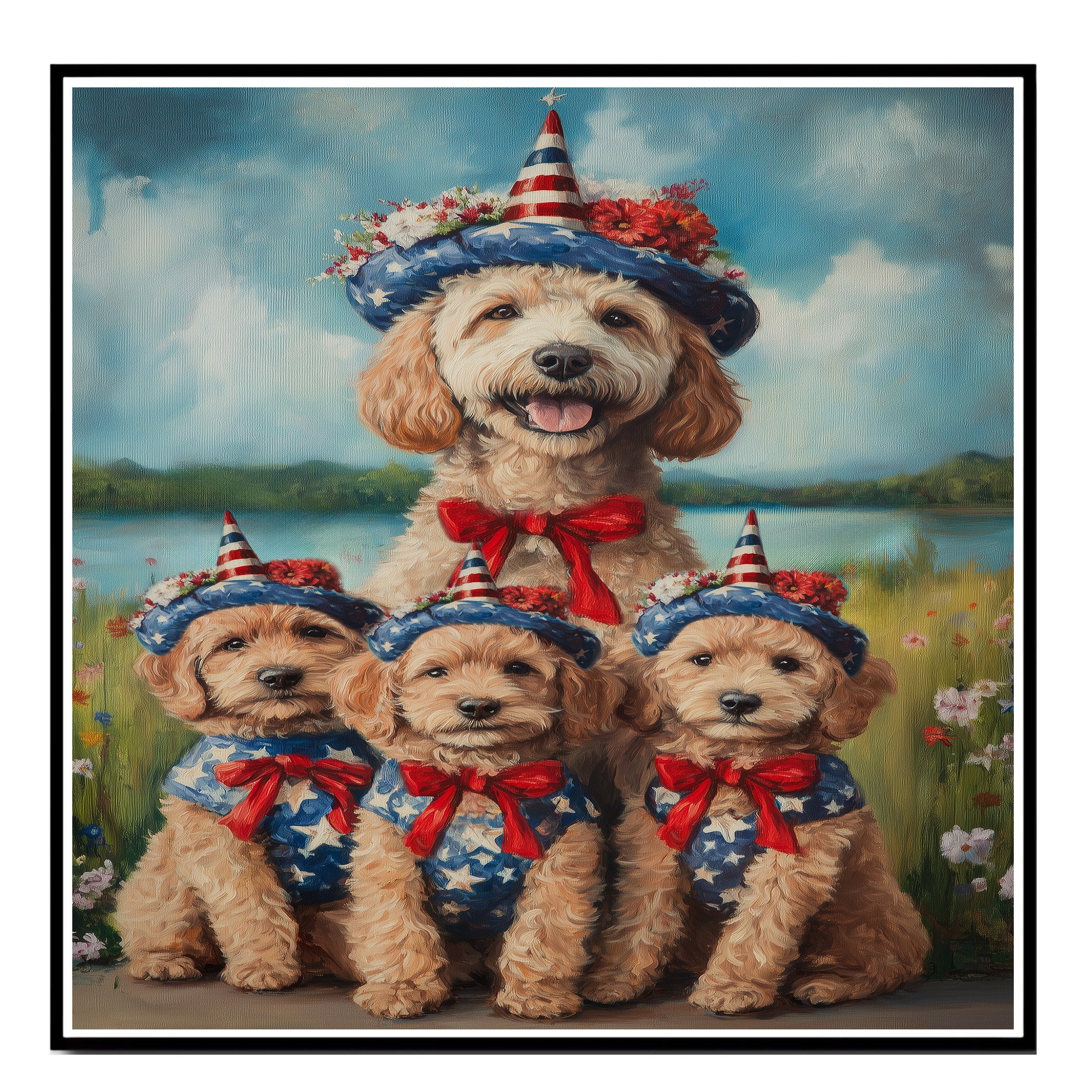 Mother Labradoodle and Three Puppies Dressed in Patriotic Outfits with Star Hats and Red Bows by a Lake and Wildflowers on Ready to Hang 1.5" Thick Canvas Wrap, Floating Framed Canvas, Flat Rolled Canvas