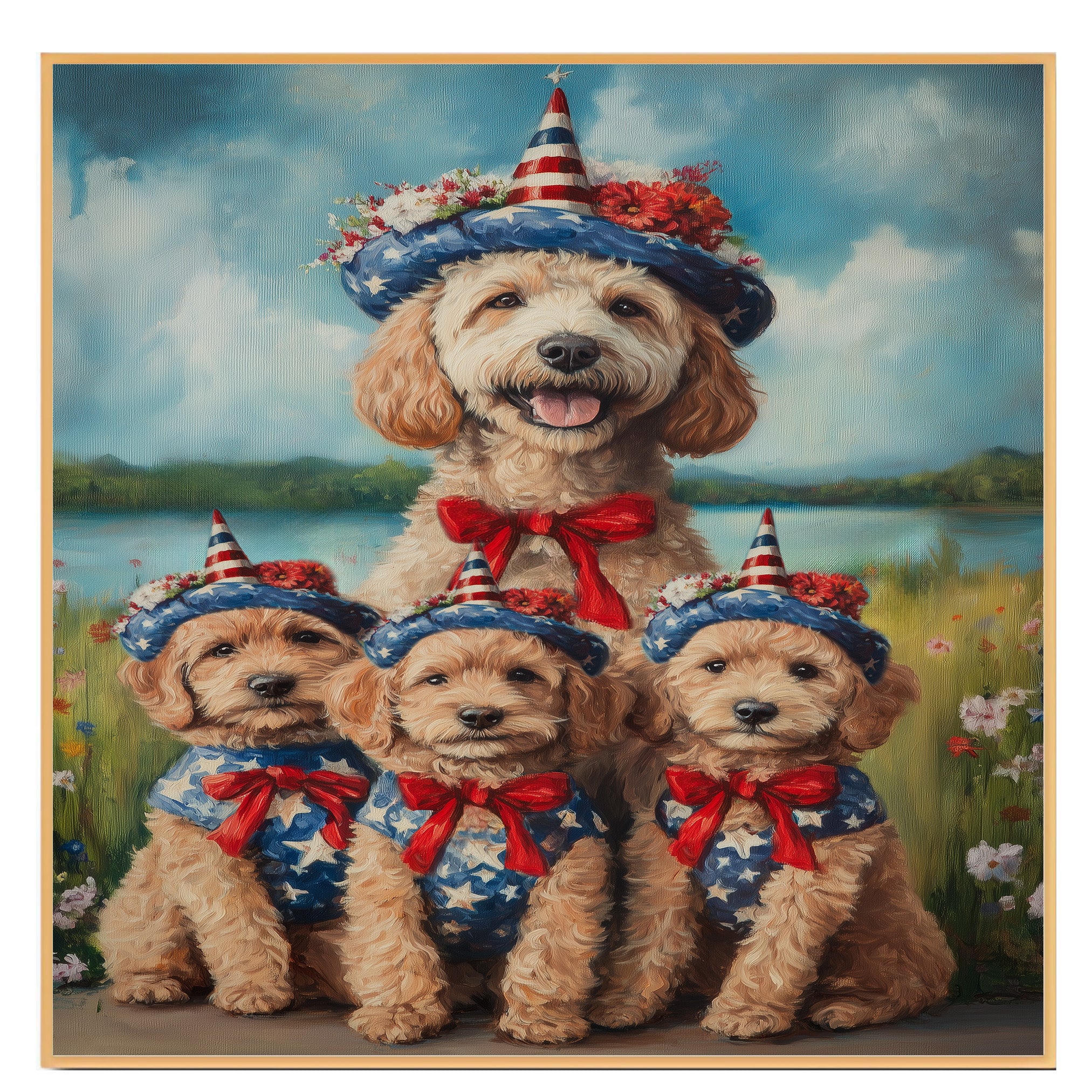 Mother Labradoodle and Three Puppies Dressed in Patriotic Outfits with Star Hats and Red Bows by a Lake and Wildflowers on Ready to Hang 1.5" Thick Canvas Wrap, Floating Framed Canvas, Flat Rolled Canvas