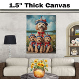 Mother Labradoodle and Three Puppies Dressed in Patriotic Outfits with Star Hats and Red Bows by a Lake and Wildflowers on Ready to Hang 1.5" Thick Canvas Wrap, Floating Framed Canvas, Flat Rolled Canvas