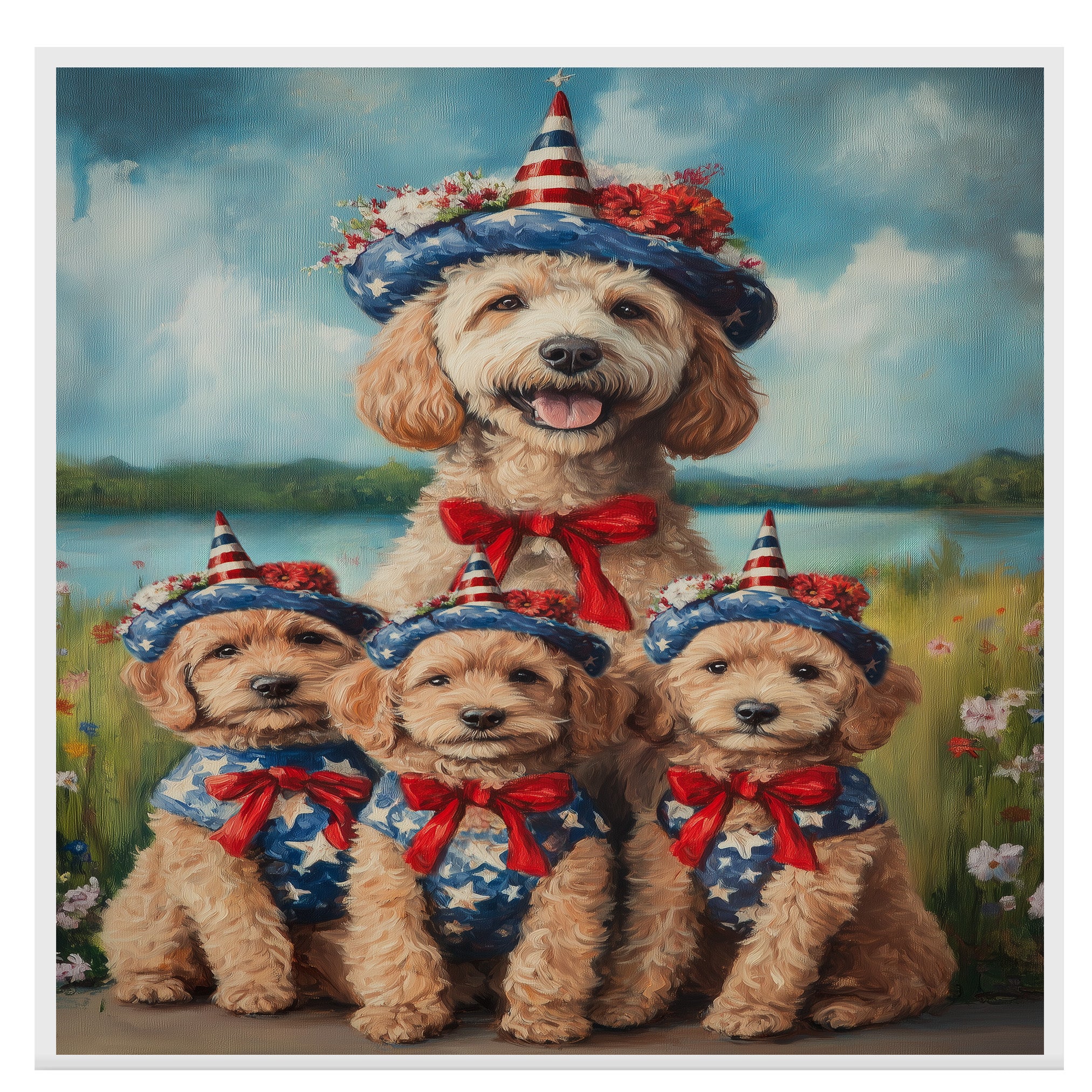 Mother Labradoodle and Three Puppies Dressed in Patriotic Outfits with Star Hats and Red Bows by a Lake and Wildflowers on Ready to Hang 1.5" Thick Canvas Wrap, Floating Framed Canvas, Flat Rolled Canvas