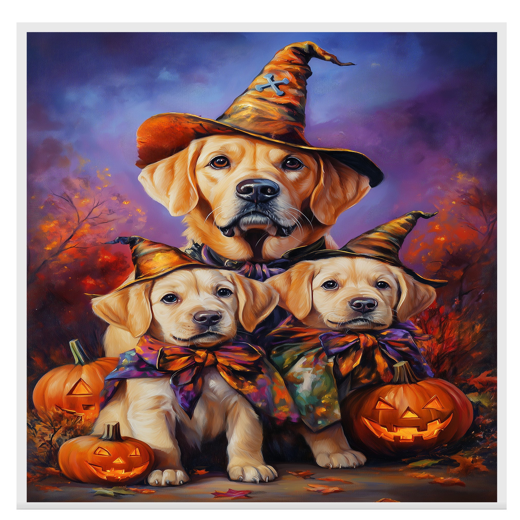 Labrador Puppies Halloween Canvas Wall Art with Pumpkins and Witch Hats Rustic Fall Farmhouse Decor on Ready to Hang 1.5" Thick Canvas Wrap, Floating Framed Canvas, Flat Rolled Canvas