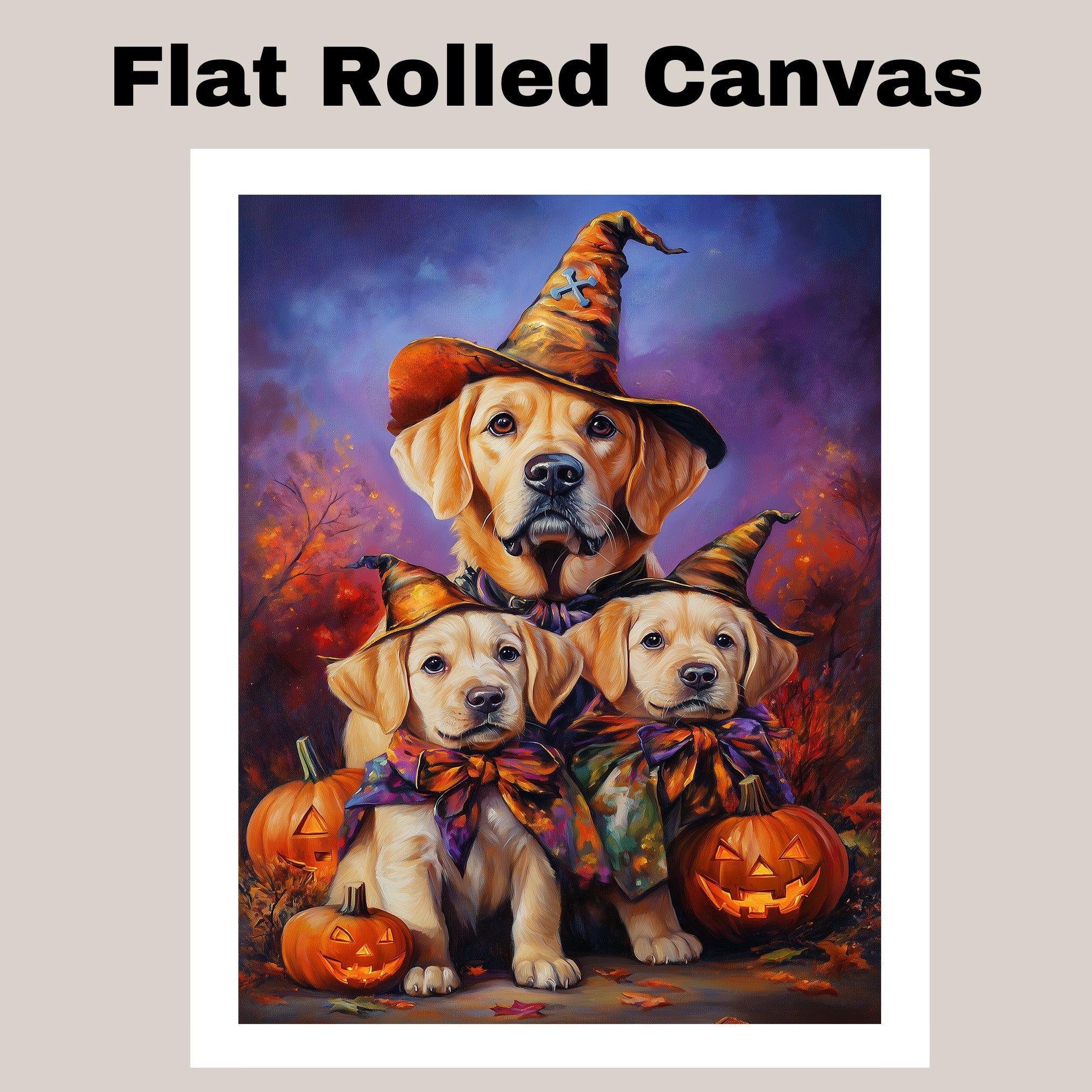 Labrador Puppies Halloween Canvas Wall Art with Pumpkins and Witch Hats Rustic Fall Farmhouse Decor on Ready to Hang 1.5" Thick Canvas Wrap, Floating Framed Canvas, Flat Rolled Canvas