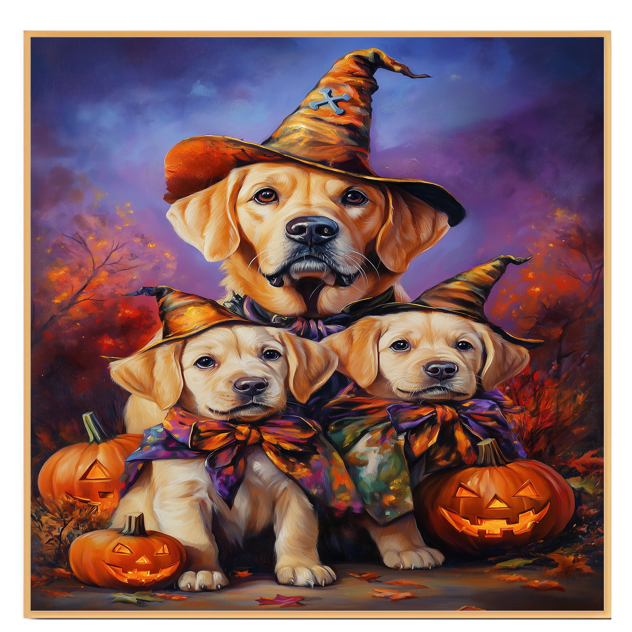 Labrador Puppies Halloween Canvas Wall Art with Pumpkins and Witch Hats Rustic Fall Farmhouse Decor on Ready to Hang 1.5" Thick Canvas Wrap, Floating Framed Canvas, Flat Rolled Canvas