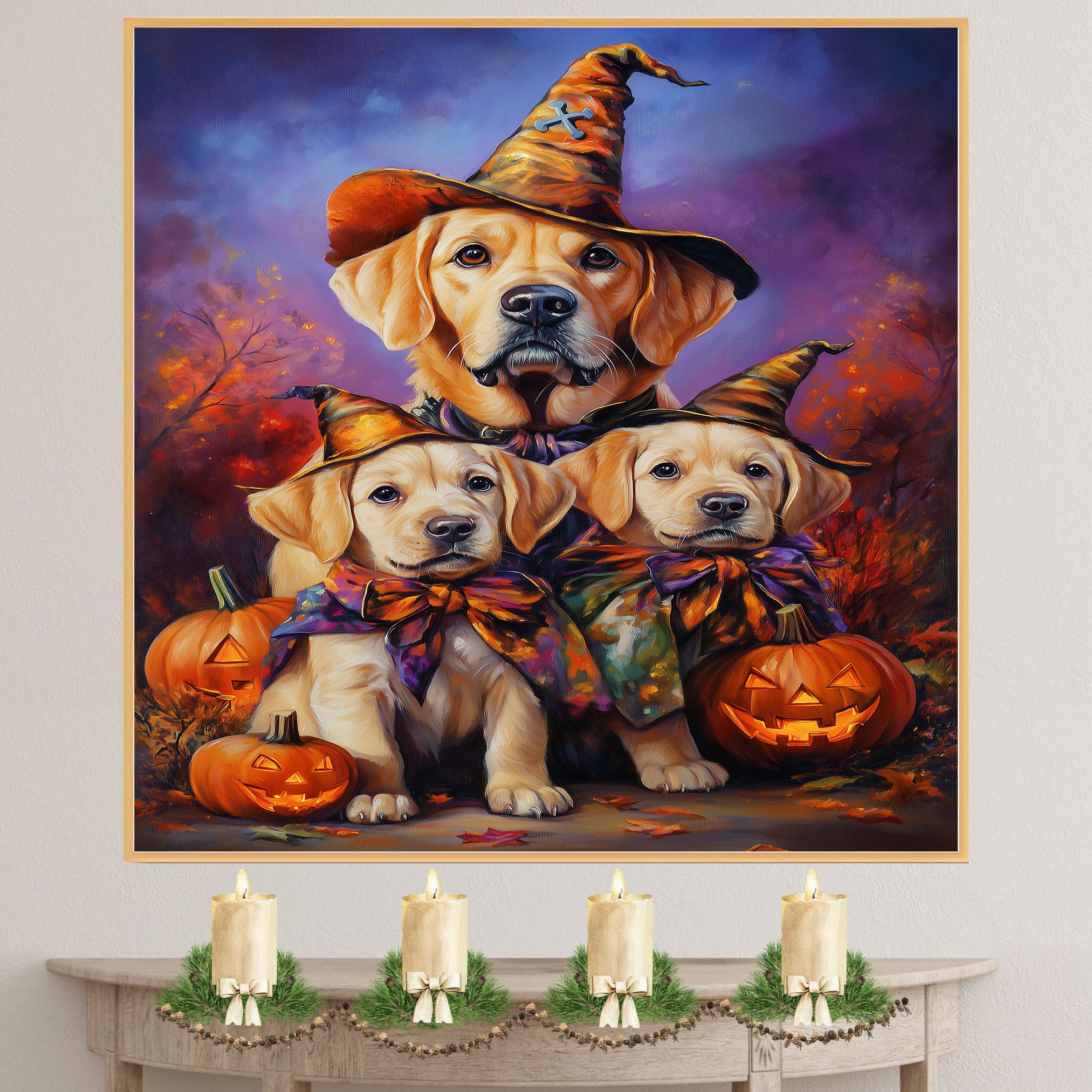 Labrador Puppies Halloween Canvas Wall Art with Pumpkins and Witch Hats Rustic Fall Farmhouse Decor on Ready to Hang 1.5" Thick Canvas Wrap, Floating Framed Canvas, Flat Rolled Canvas