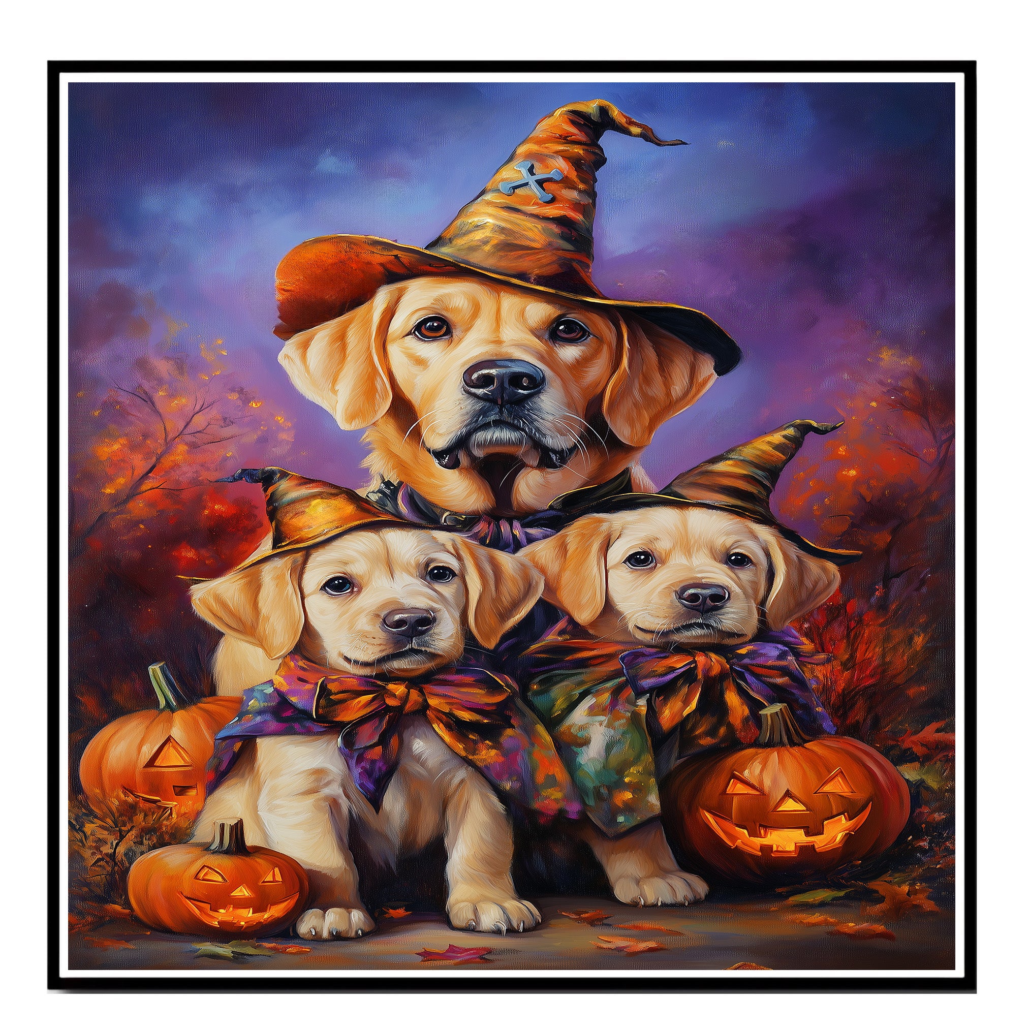 Labrador Puppies Halloween Canvas Wall Art with Pumpkins and Witch Hats Rustic Fall Farmhouse Decor on Ready to Hang 1.5" Thick Canvas Wrap, Floating Framed Canvas, Flat Rolled Canvas