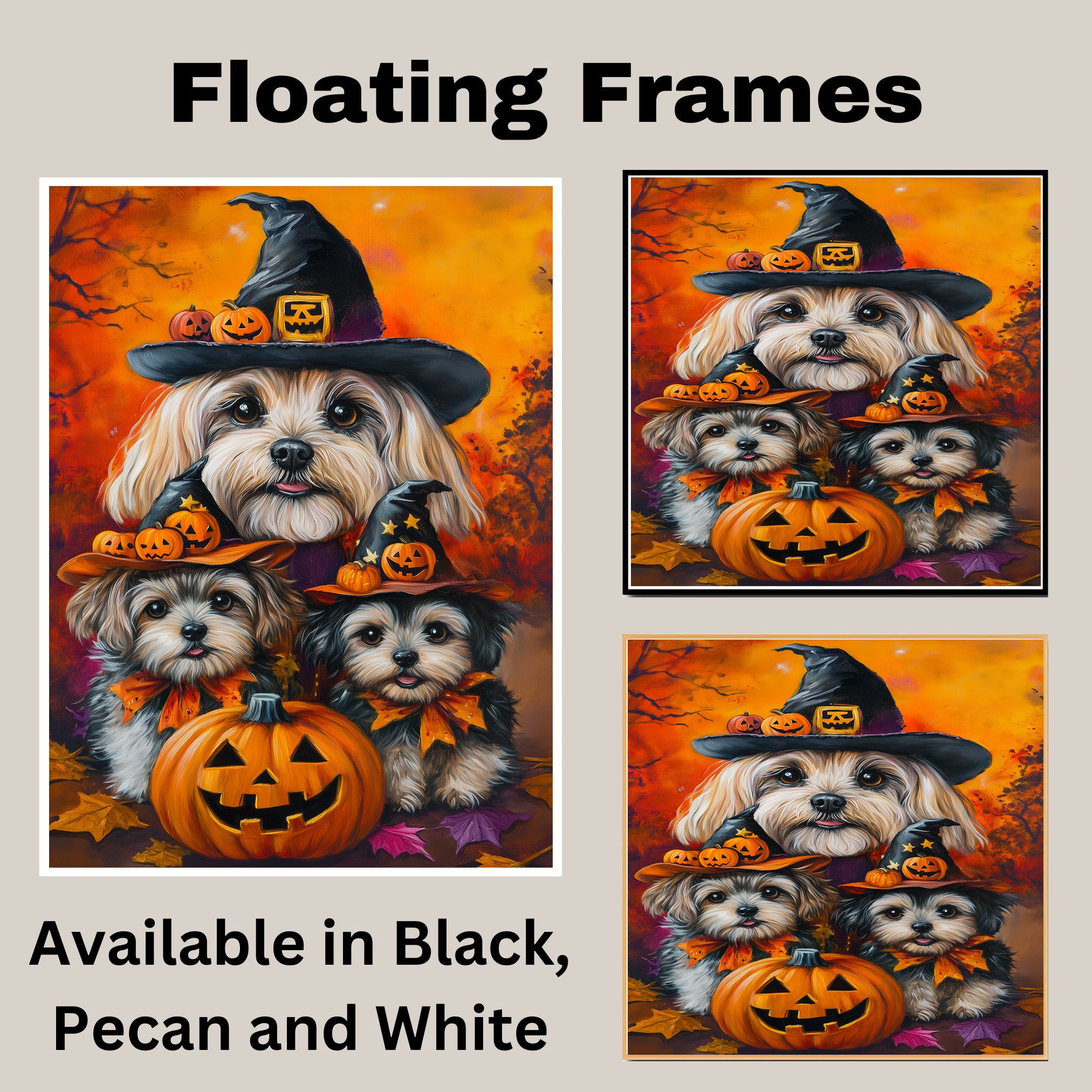 Lhasa Apso Dog Halloween Canvas Wall Art with Witch Hat and Pumpkins Rustic Fall Farmhouse Thanksgiving Decor on Ready to Hang 1.5" Thick Canvas Wrap, Floating Framed Canvas, Flat Rolled Canvas