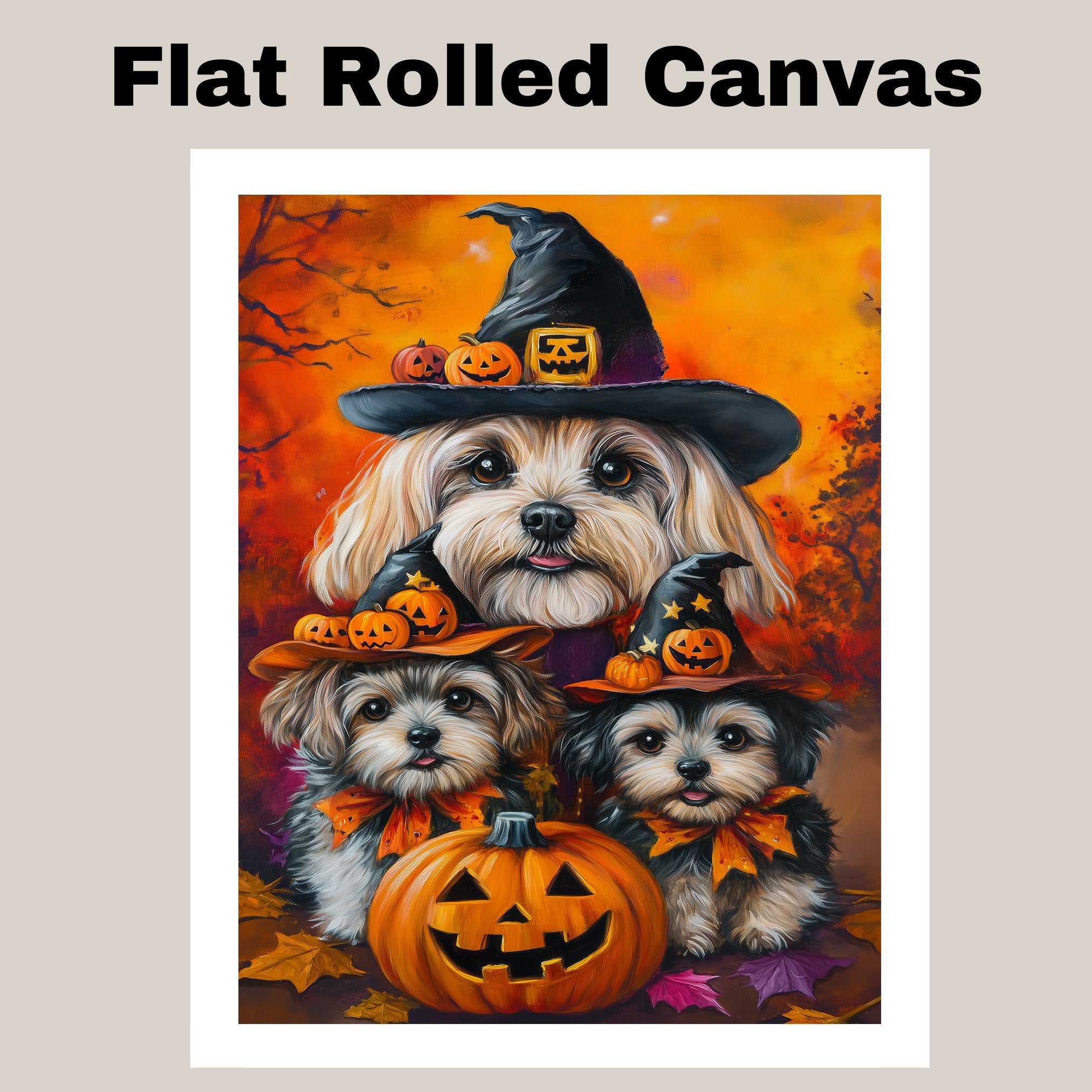 Lhasa Apso Dog Halloween Canvas Wall Art with Witch Hat and Pumpkins Rustic Fall Farmhouse Thanksgiving Decor on Ready to Hang 1.5" Thick Canvas Wrap, Floating Framed Canvas, Flat Rolled Canvas