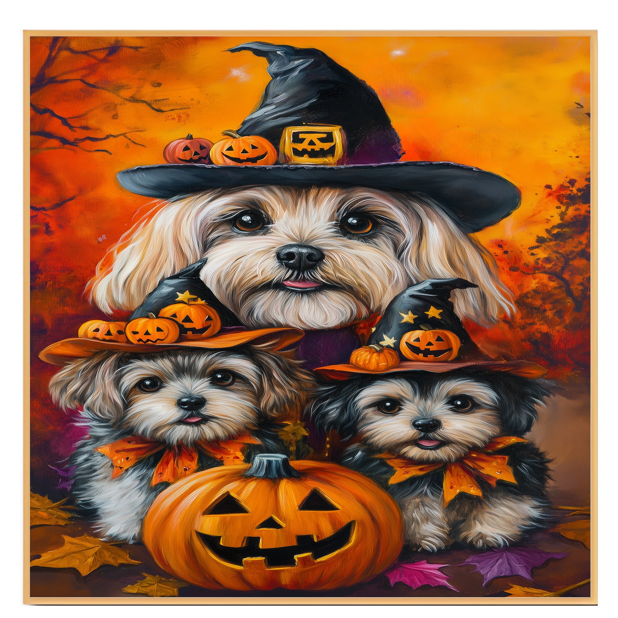 Lhasa Apso Dog Halloween Canvas Wall Art with Witch Hat and Pumpkins Rustic Fall Farmhouse Thanksgiving Decor on Ready to Hang 1.5" Thick Canvas Wrap, Floating Framed Canvas, Flat Rolled Canvas