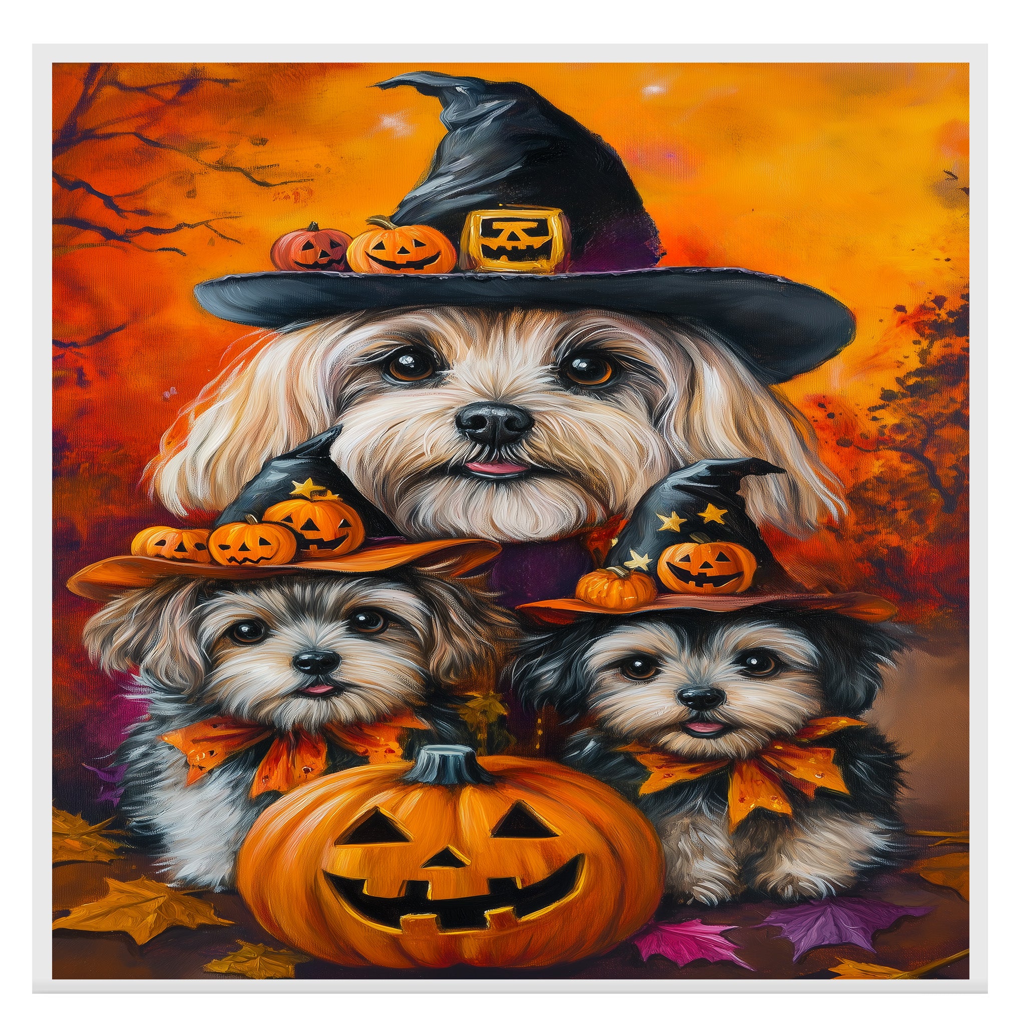 Lhasa Apso Dog Halloween Canvas Wall Art with Witch Hat and Pumpkins Rustic Fall Farmhouse Thanksgiving Decor on Ready to Hang 1.5" Thick Canvas Wrap, Floating Framed Canvas, Flat Rolled Canvas