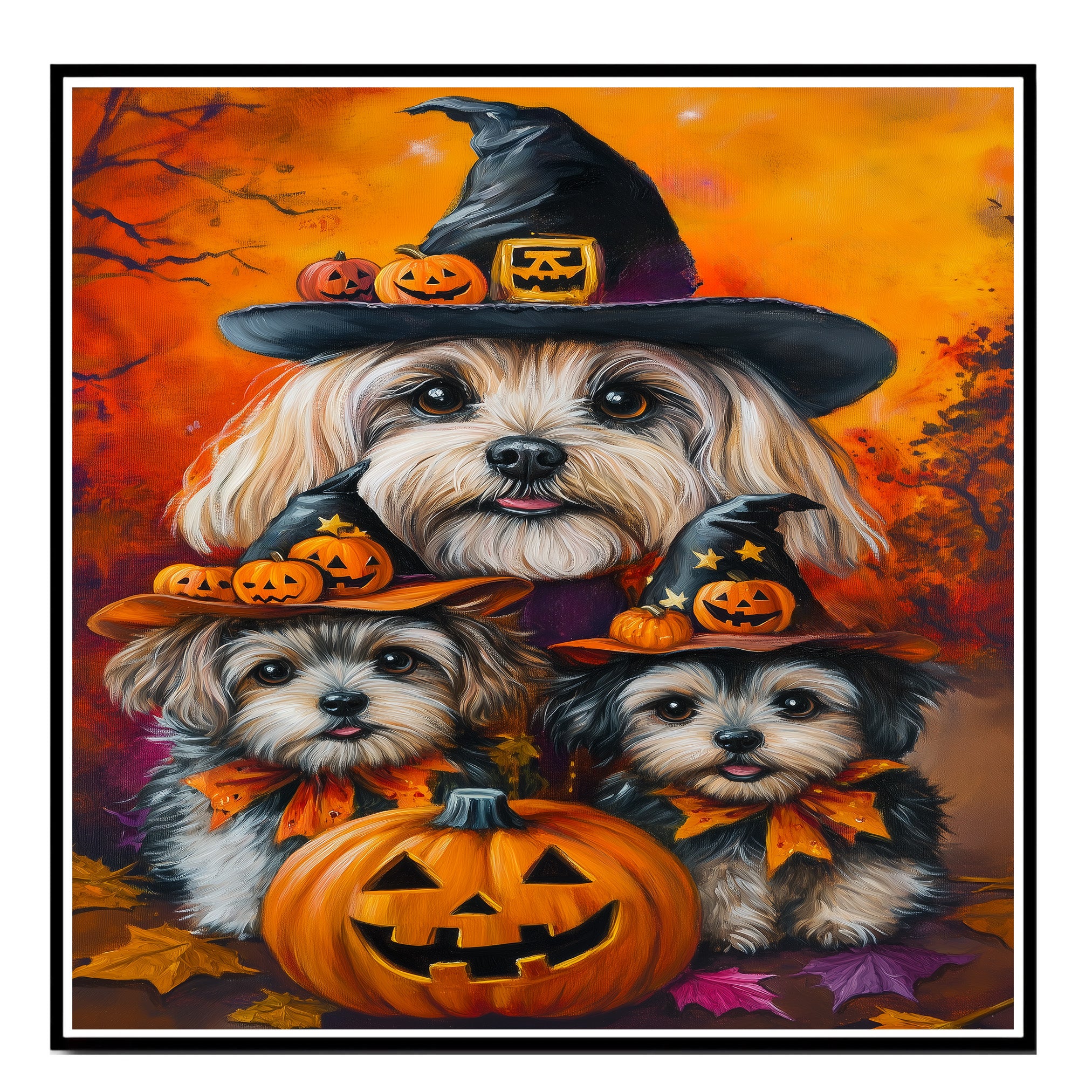 Lhasa Apso Dog Halloween Canvas Wall Art with Witch Hat and Pumpkins Rustic Fall Farmhouse Thanksgiving Decor on Ready to Hang 1.5" Thick Canvas Wrap, Floating Framed Canvas, Flat Rolled Canvas