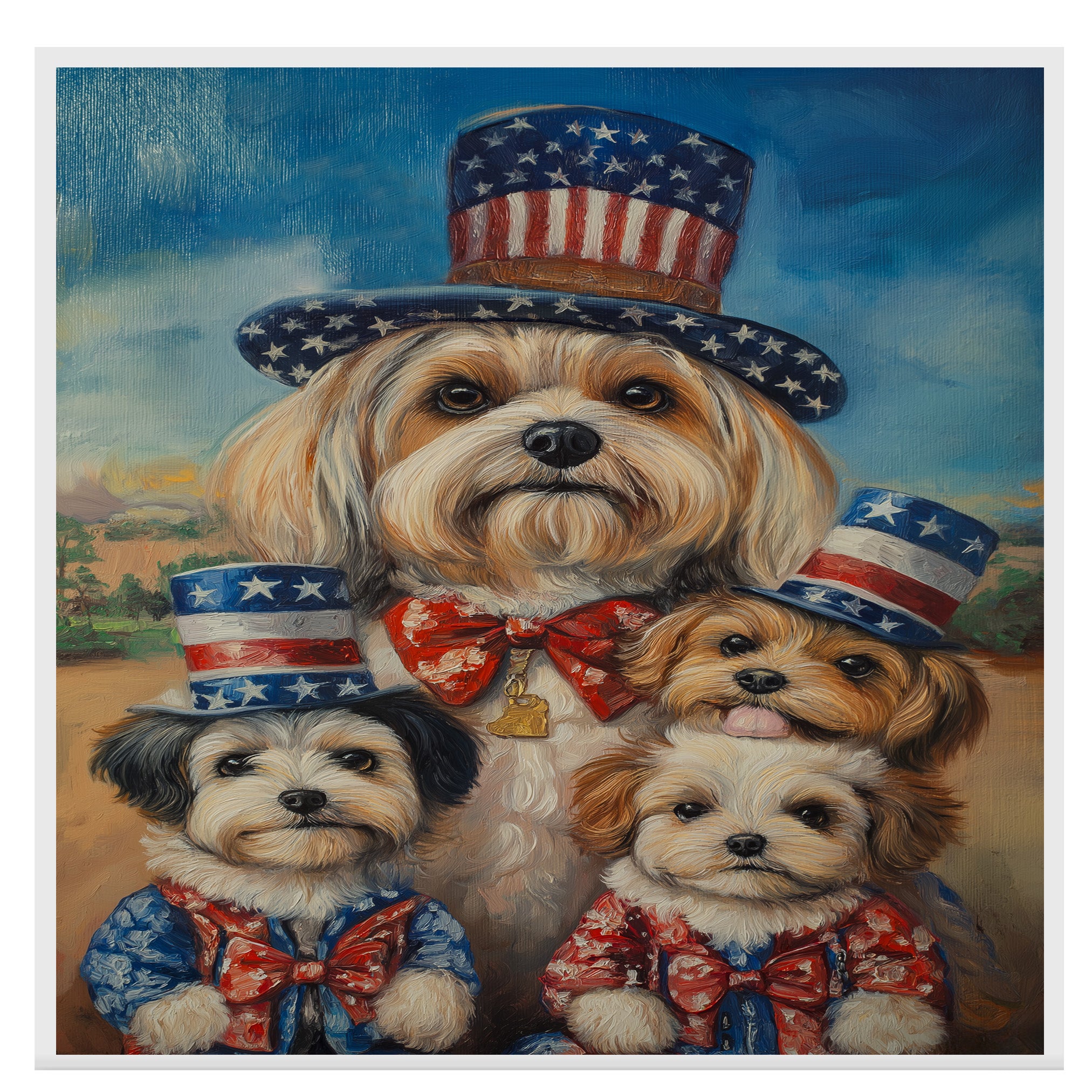 Mother Lhasa Apso and Three Puppies Wearing Patriotic Star Hats and Red Bow Ties Posed Outdoors Under a Blue Sky on Ready to Hang 1.5" Thick Canvas Wrap, Floating Framed Canvas, Flat Rolled Canvas