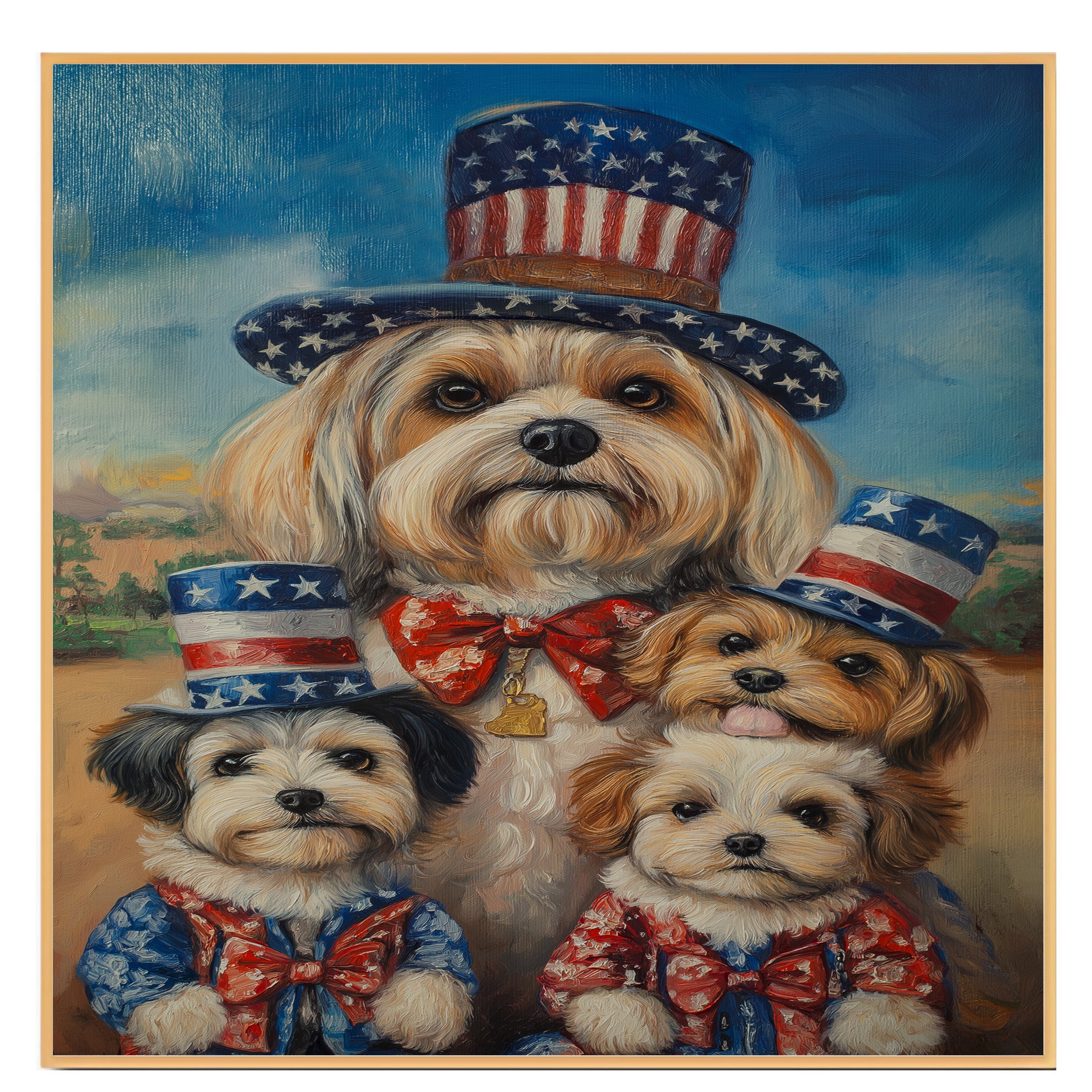 Mother Lhasa Apso and Three Puppies Wearing Patriotic Star Hats and Red Bow Ties Posed Outdoors Under a Blue Sky on Ready to Hang 1.5" Thick Canvas Wrap, Floating Framed Canvas, Flat Rolled Canvas