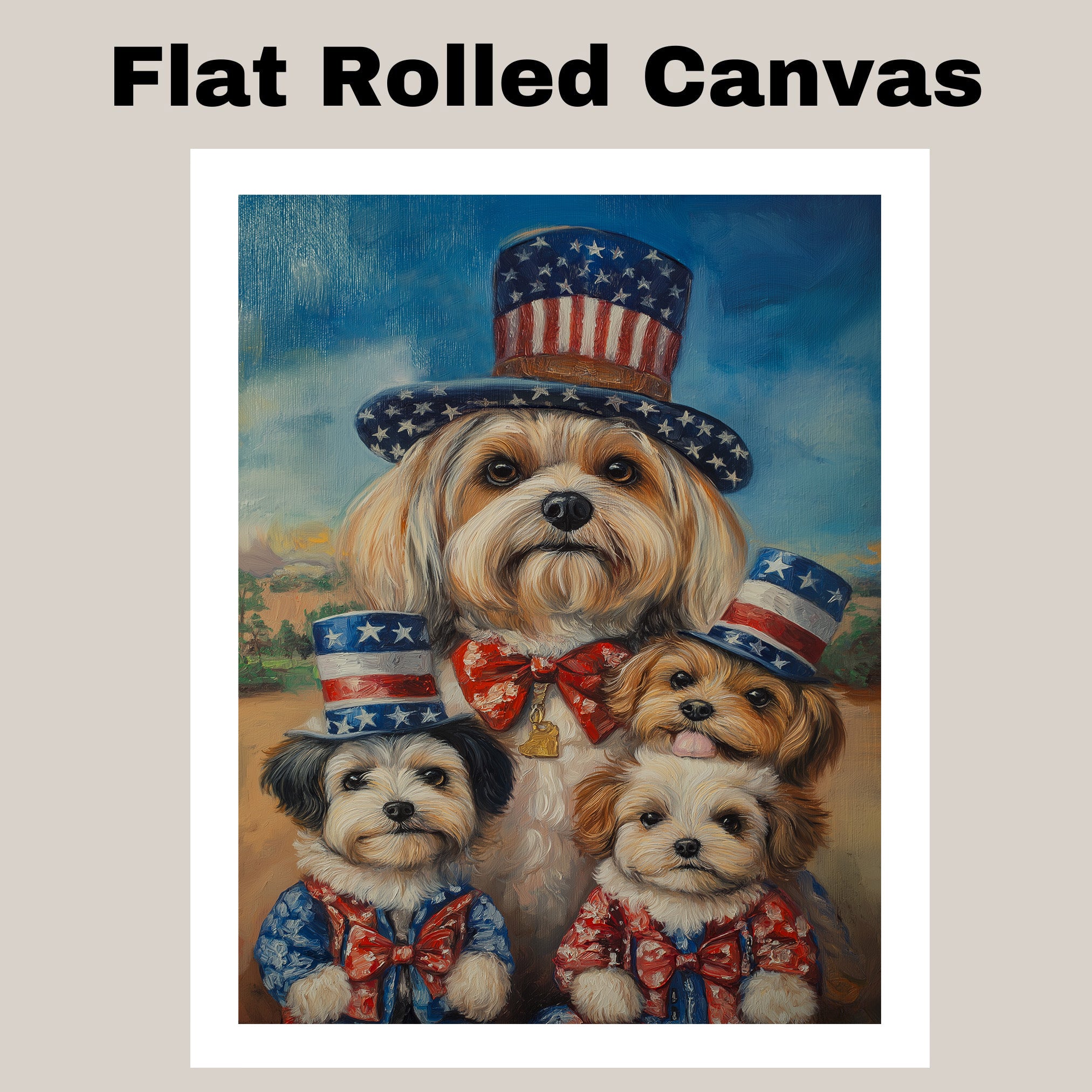 Mother Lhasa Apso and Three Puppies Wearing Patriotic Star Hats and Red Bow Ties Posed Outdoors Under a Blue Sky on Ready to Hang 1.5" Thick Canvas Wrap, Floating Framed Canvas, Flat Rolled Canvas