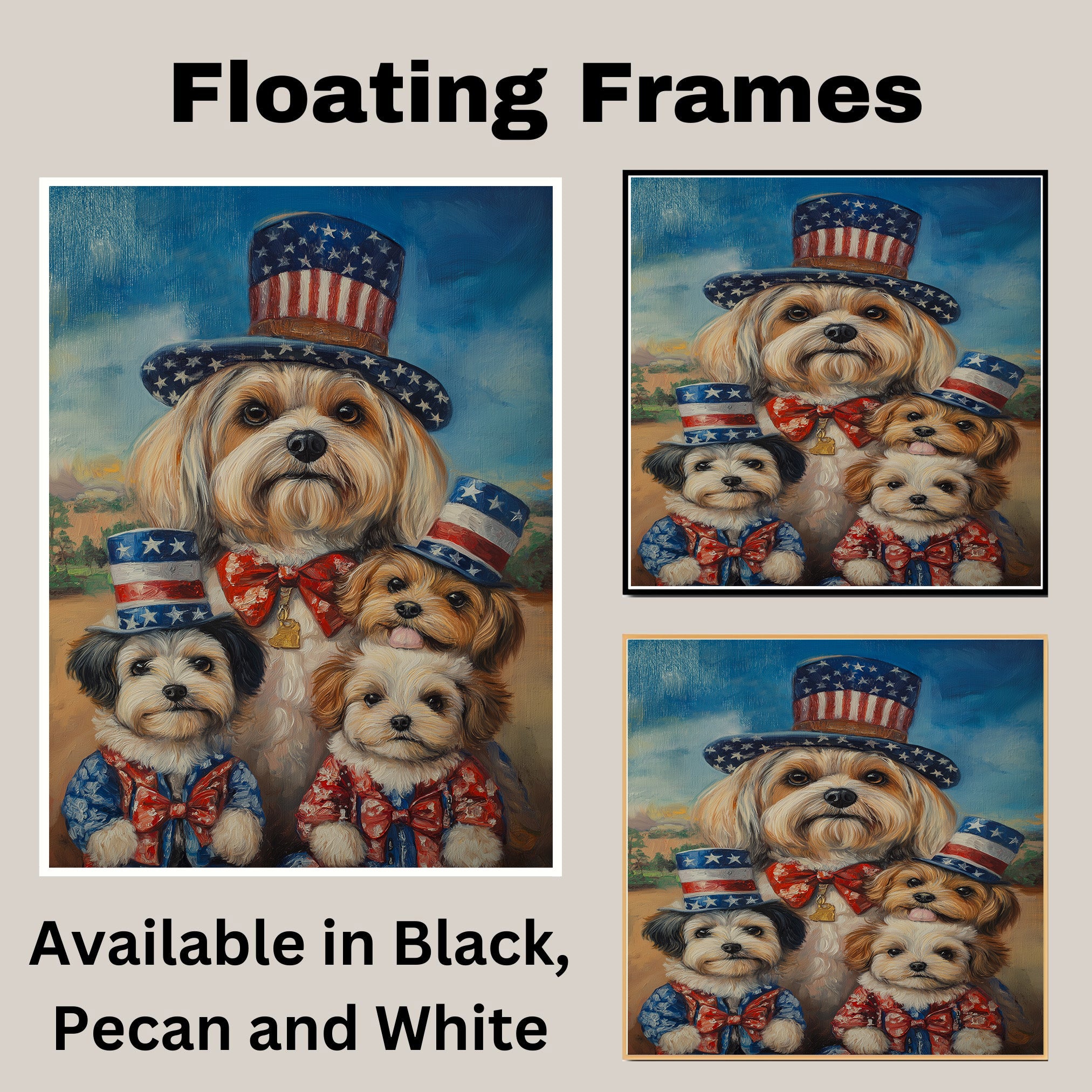 Mother Lhasa Apso and Three Puppies Wearing Patriotic Star Hats and Red Bow Ties Posed Outdoors Under a Blue Sky on Ready to Hang 1.5" Thick Canvas Wrap, Floating Framed Canvas, Flat Rolled Canvas