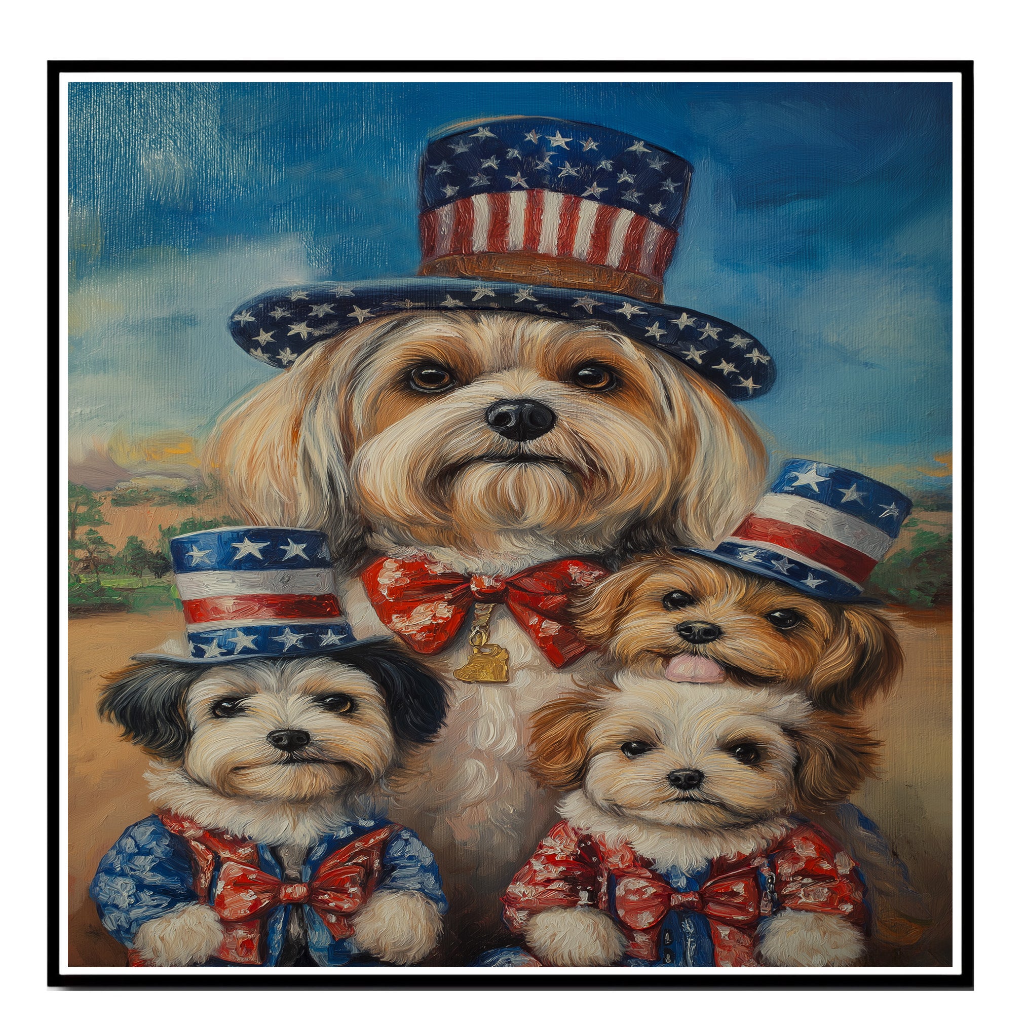 Mother Lhasa Apso and Three Puppies Wearing Patriotic Star Hats and Red Bow Ties Posed Outdoors Under a Blue Sky on Ready to Hang 1.5" Thick Canvas Wrap, Floating Framed Canvas, Flat Rolled Canvas