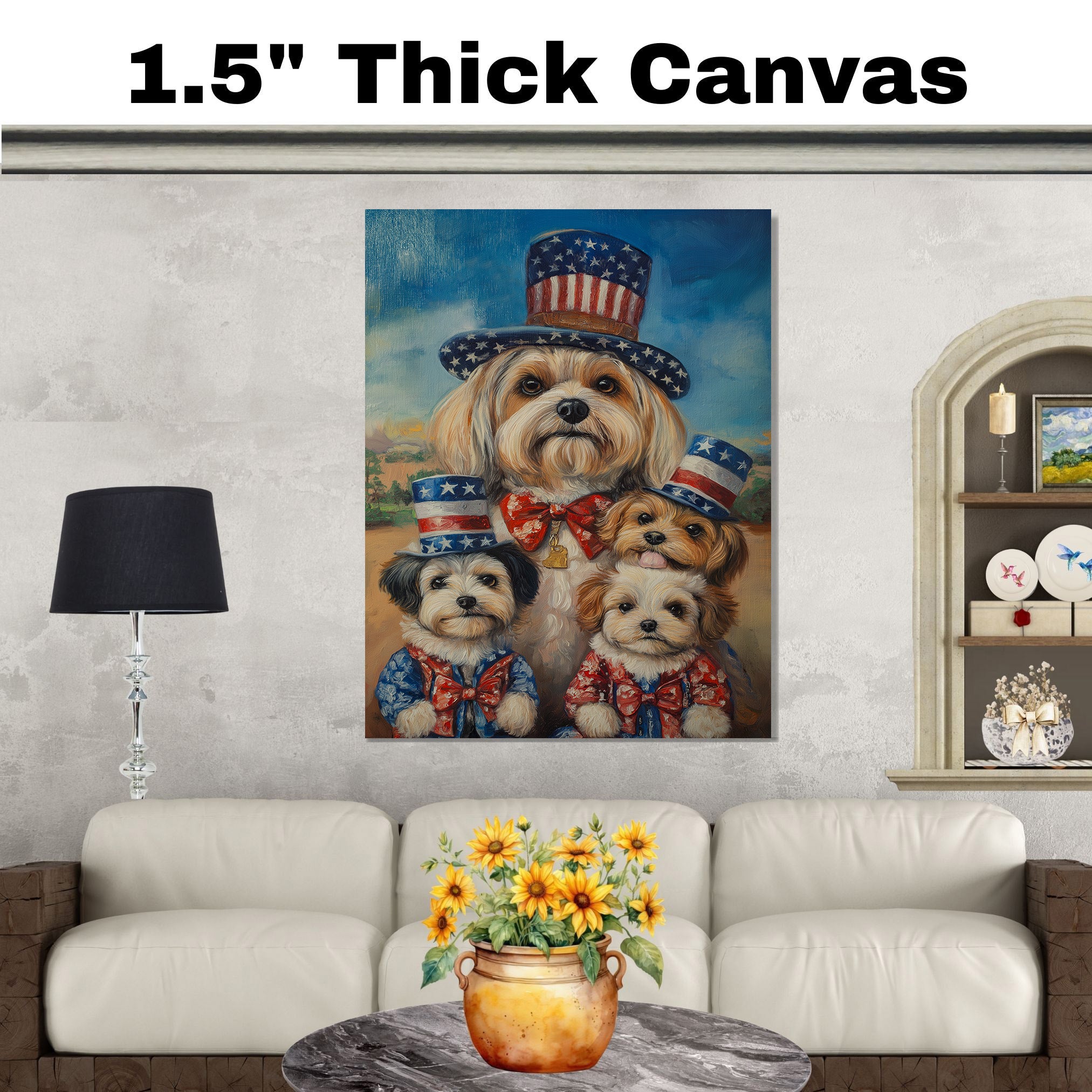 Mother Lhasa Apso and Three Puppies Wearing Patriotic Star Hats and Red Bow Ties Posed Outdoors Under a Blue Sky on Ready to Hang 1.5" Thick Canvas Wrap, Floating Framed Canvas, Flat Rolled Canvas