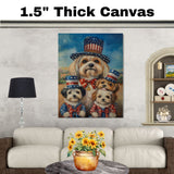 Mother Lhasa Apso and Three Puppies Wearing Patriotic Star Hats and Red Bow Ties Posed Outdoors Under a Blue Sky on Ready to Hang 1.5" Thick Canvas Wrap, Floating Framed Canvas, Flat Rolled Canvas